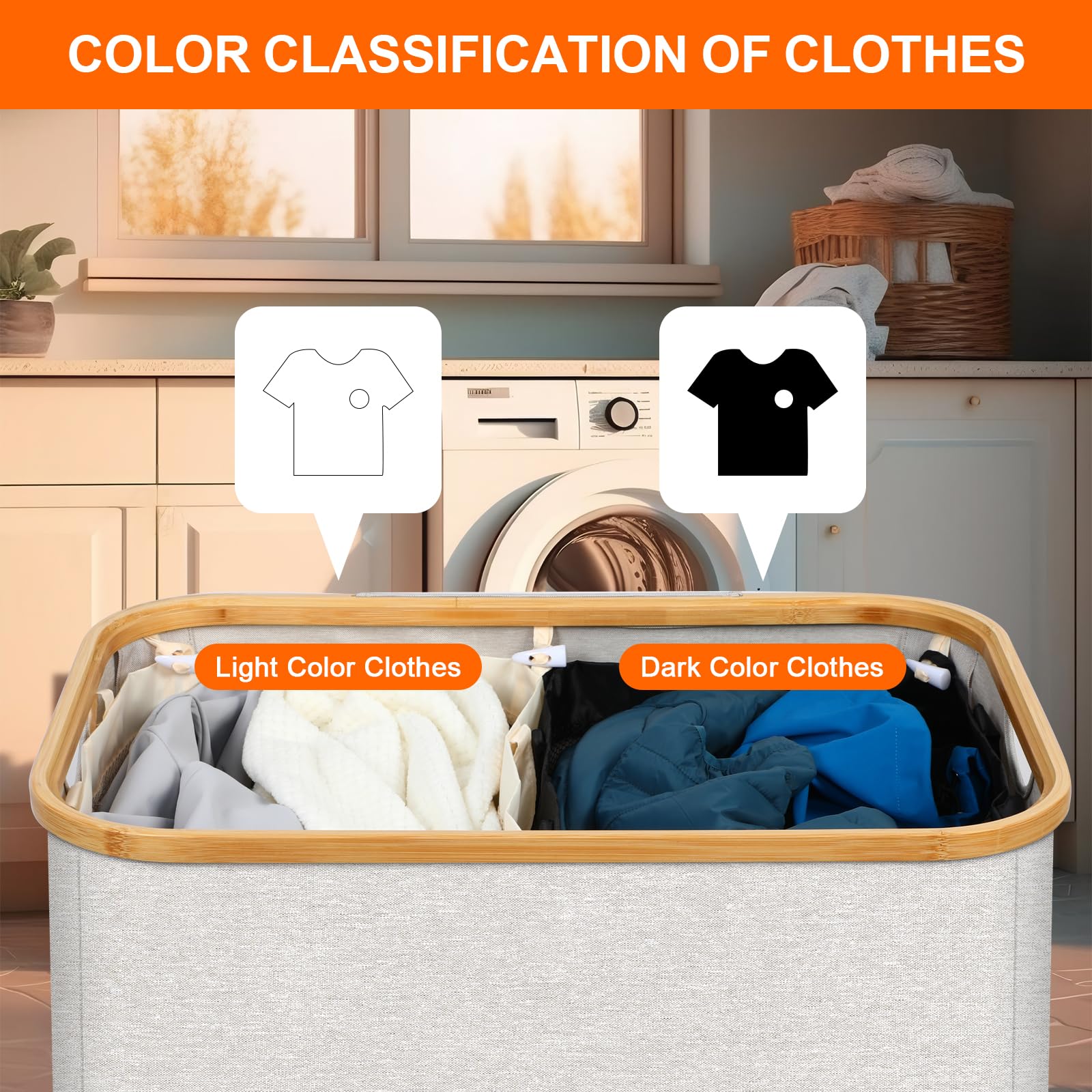155L Large Laundry Hamper with Lid & Removable Bags - 2 Section Collapsible Laundry Basket with Bamboo Handles, Sturdy Storage Organizer for Clothes, Towels & Linens - Perfect for Bedroom, Bathroom, Dorm & Laundry Room Organization (Beige)