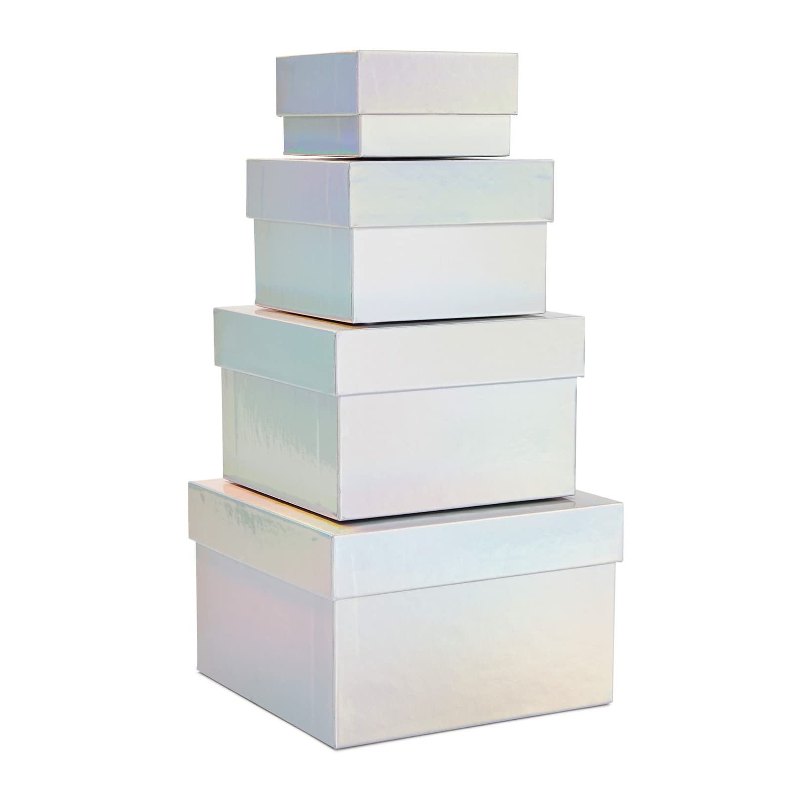 Holographic Silver Paper Square Nesting Gift Boxes with Lids - 4 Assorted Sizes (4 Pack) | Perfect for Wedding Favors, Birthday Gifts, Party Decorations & Jewelry Packaging