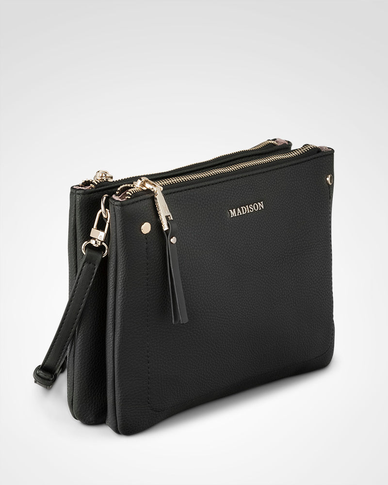 Charlotte Double Zip Crossbody Bag with Adjustable Graphic Strap - Stylish Hands-Free Purse for Women, Perfect for Travel, Shopping & Everyday Use