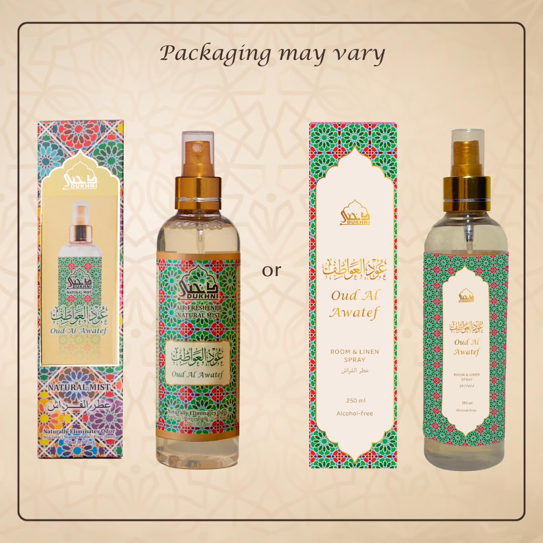 Dukhni Oud al Awatef 250ml Arabic Perfume Room Spray | Premium Oud Fragrance Air Freshener for Home, Prayer Mats, Bed Linen & Sofa | Natural Scented Mist for Curtains & Odor Eliminator | Perfect for Meditation, Relaxation & Home Aromatherapy