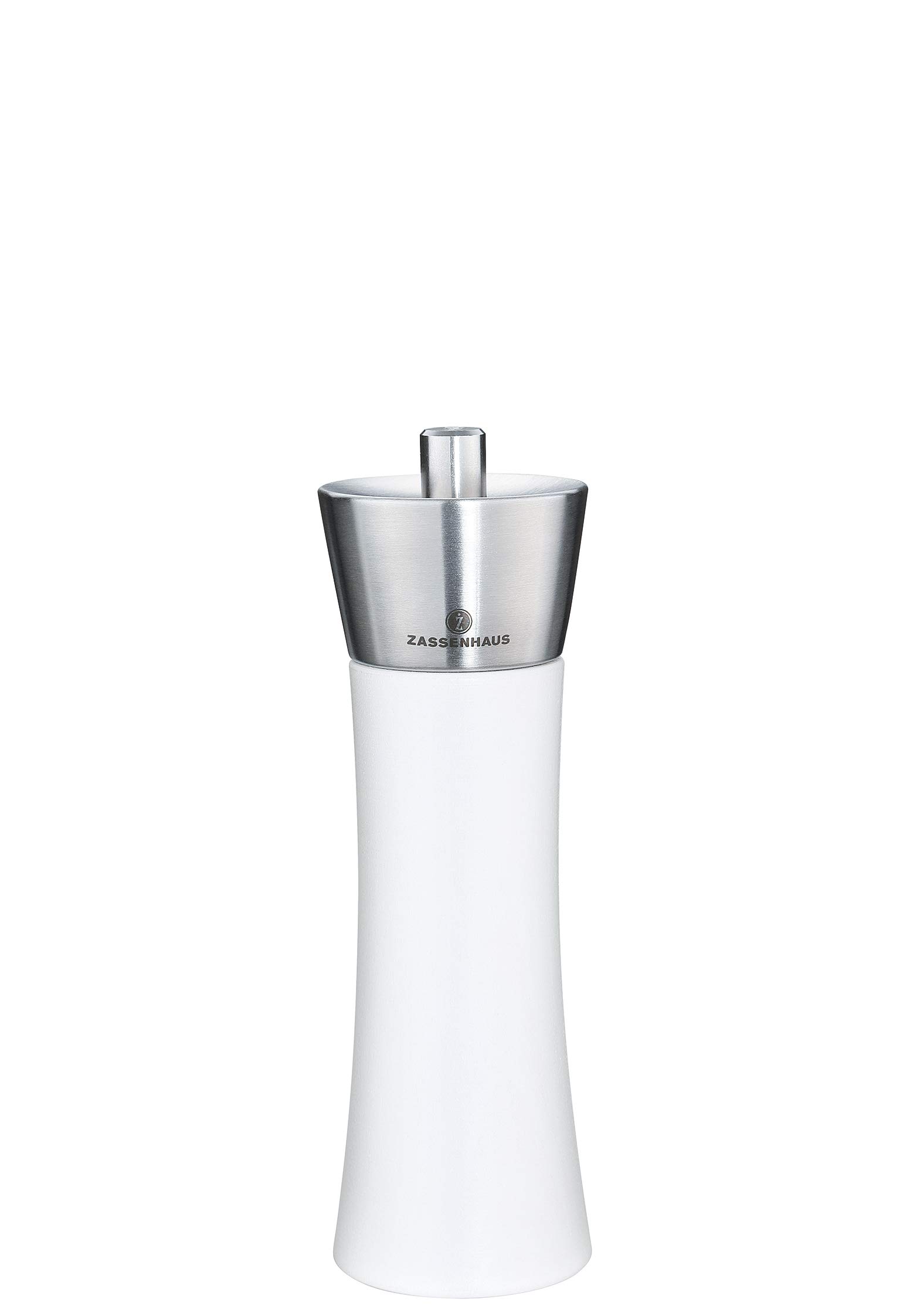 Premium Zassenhaus Augsburg 7-Inch Pepper Mill - Gloss White with Stainless Steel Grinder - Adjustable Coarseness for Fresh Ground Pepper - Perfect for Kitchen, Dining Table & Gourmet Cooking