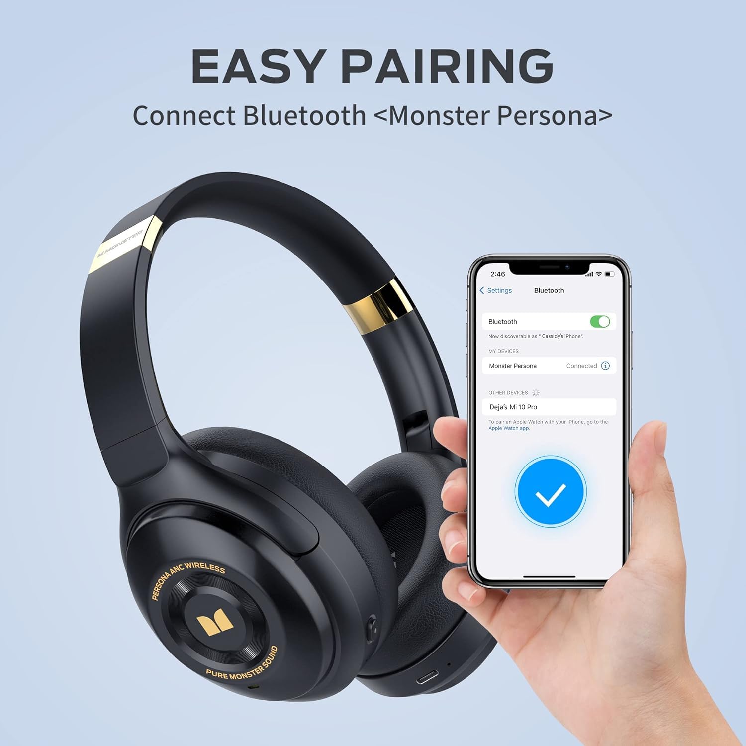 Monster Persona Wireless Bluetooth Over-Ear Headphones with Active Noise Cancelling, Hi-Fi Audio & Deep Bass, 30H Playtime, Quick Charge, Memory Foam Ear Cups - Perfect for Travel, Home Office, Commuting & Gaming