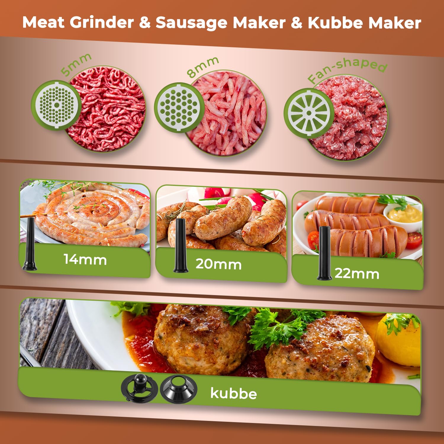 3200W Heavy Duty Electric Meat Grinder - Commercial Grade with Sausage Stuffer & Kubbe Kit - Includes 2 Blades, 3 Grinding Plates & 3 Sausage Tubes - Durable Metal Gearbox for Home Kitchen, Restaurant & Butcher Shop Use
