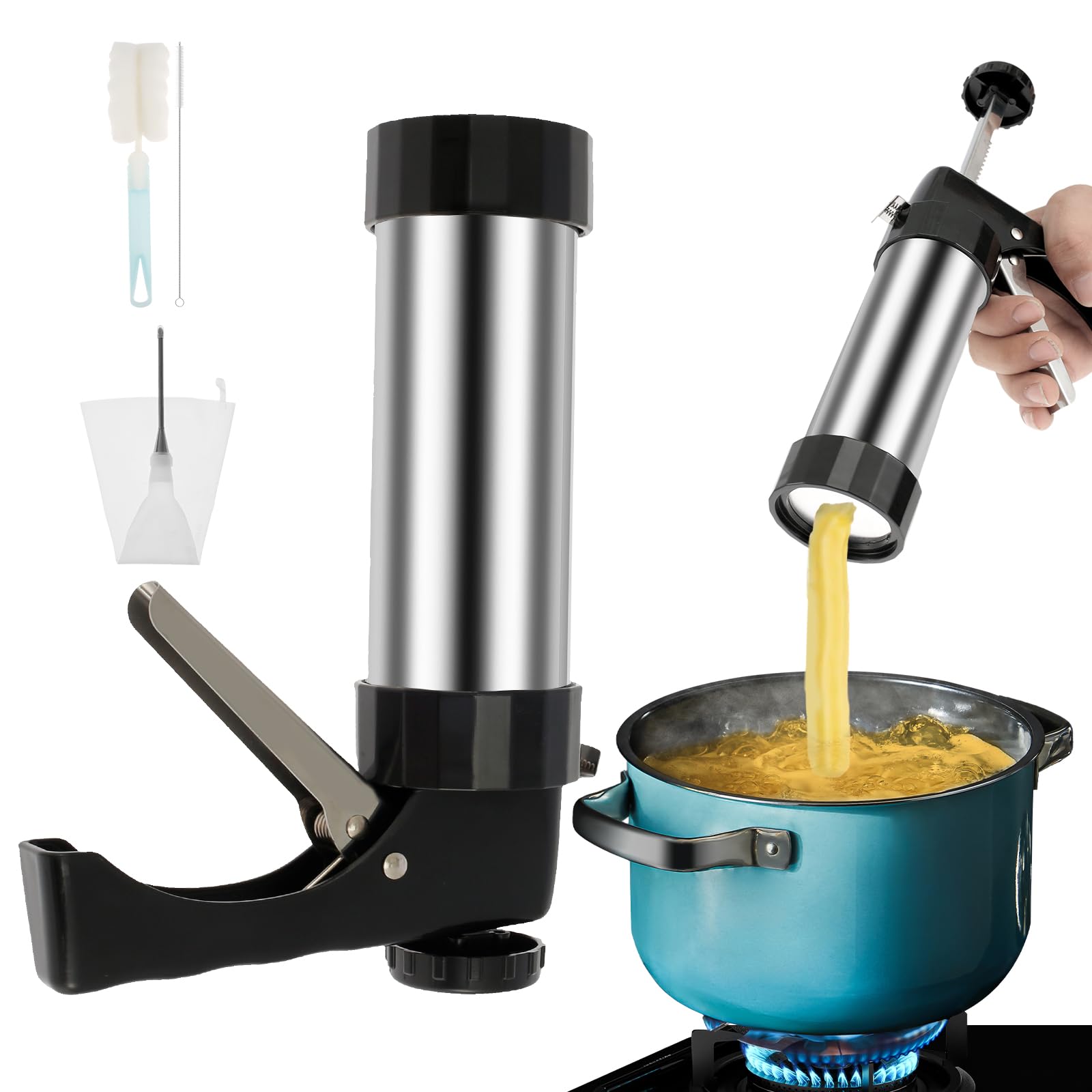 Stainless Steel Churro Maker Machine Kit with 3 Nozzle Tips & Piping Bag - Easy to Clean Hollow Churro Gun with Sponge Brush - Perfect for Home Baking, Parties, and Spanish Dessert Making