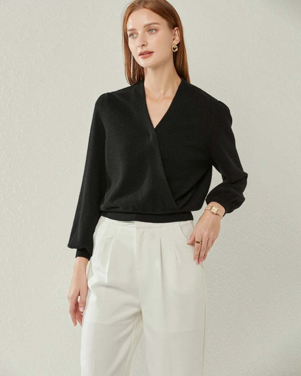V Neck Lantern Sleeve Cashmere Sweater Women's - Soft Luxurious Winter Pullover for Office, Date Night & Holiday Outfits