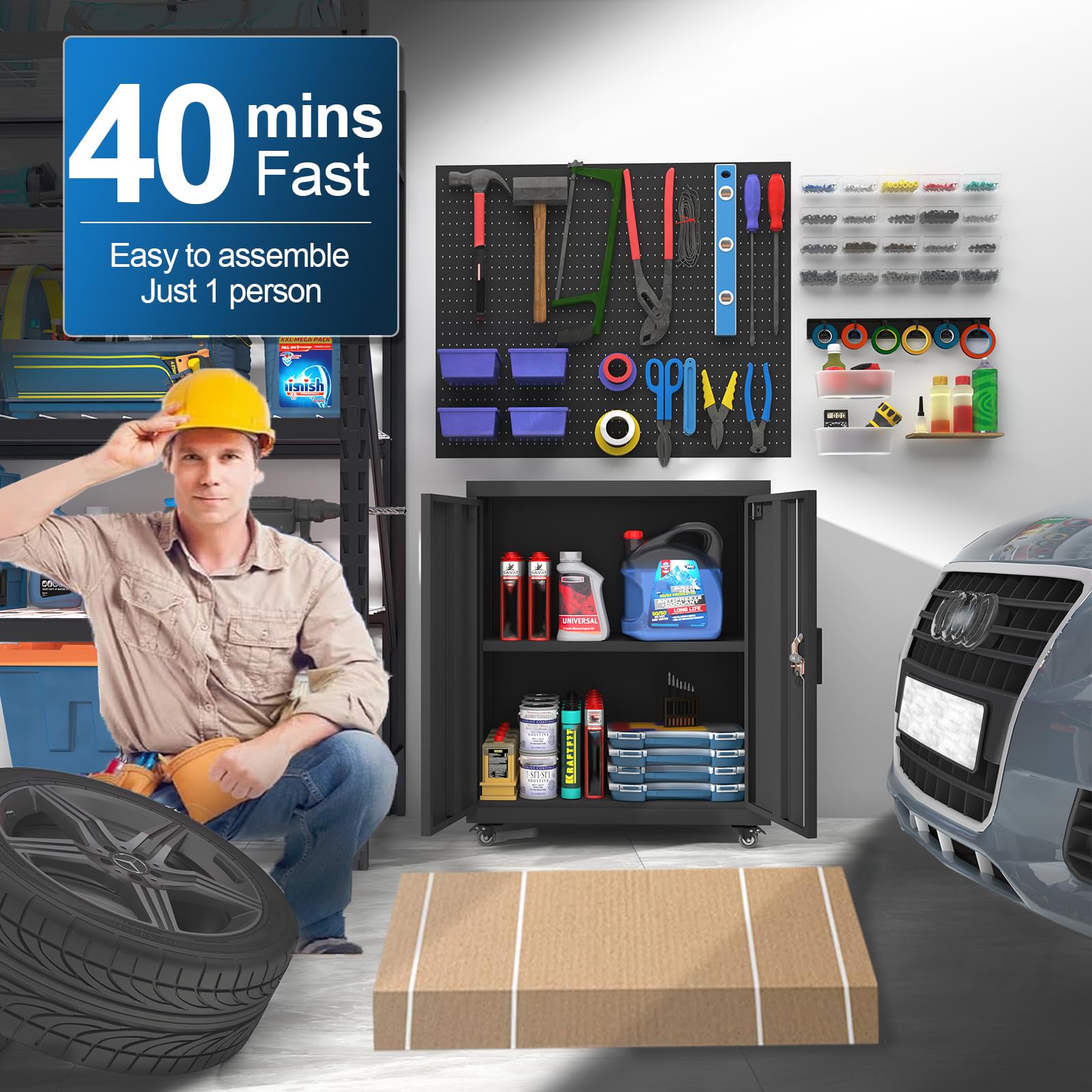 GREATMEET 4-Tier Rolling Garage Storage Cabinet with Wheels - Black Metal Utility Cabinet with Locking Doors & Adjustable Shelves - Heavy Duty Organizer for Garage, Home Office, Workshop & Laundry Room Storage Solutions