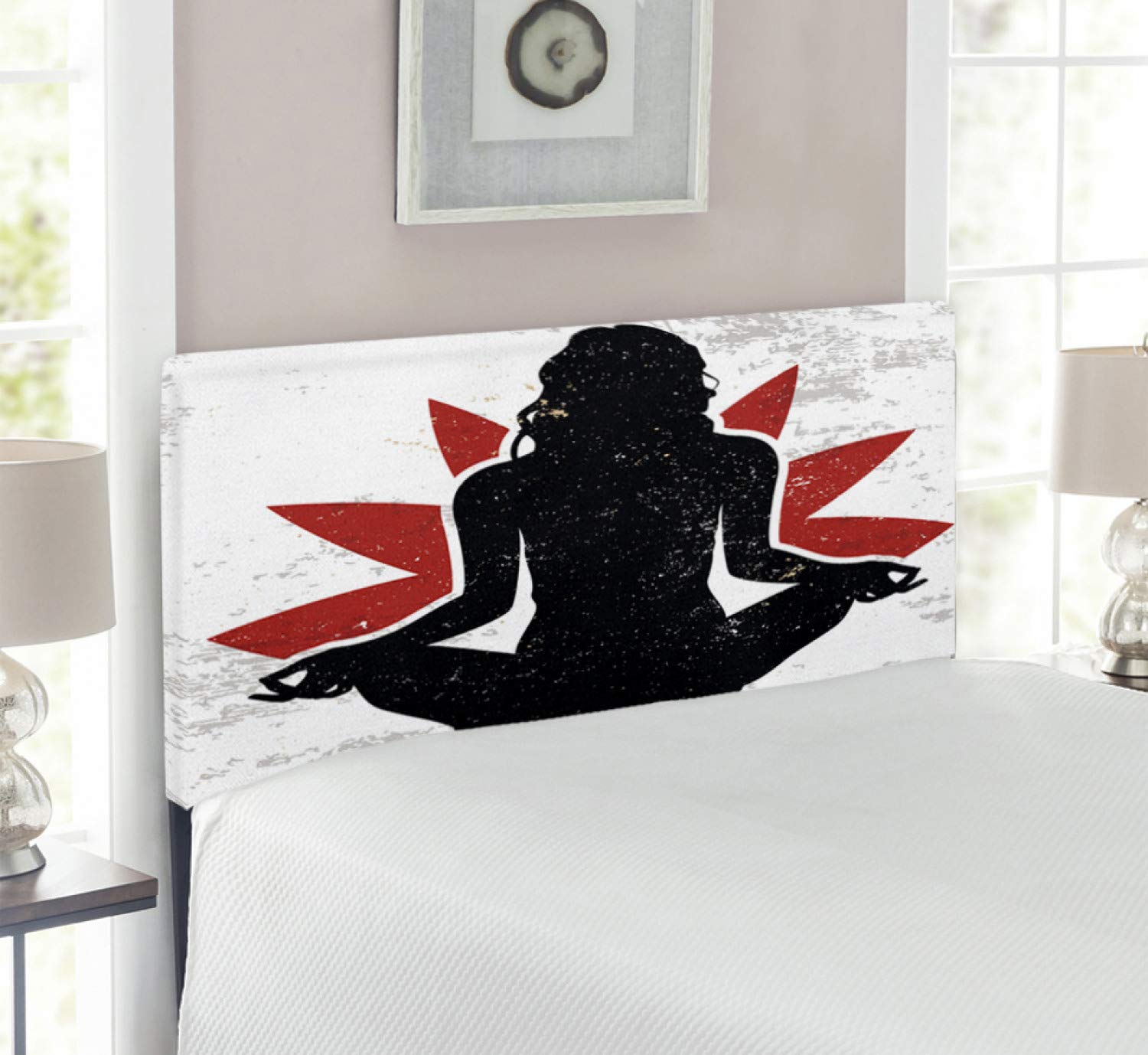 Ambesonne Yoga Headboard - Grunge Lotus Pose Woman with Floral Backdrop, Upholstered Metal Bed Headboard with Memory Foam, Twin Size in Orange Black White - Perfect for Meditation Rooms, Yoga Studios & Boho Bedroom Decor