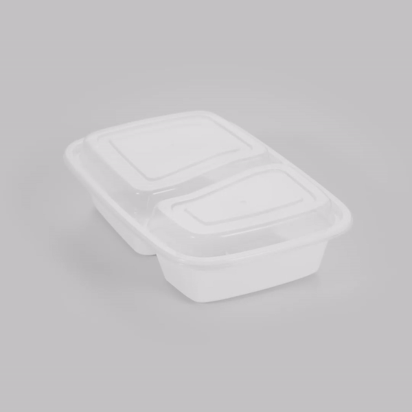 32 oz White Plastic 2-Compartment Food Storage Containers with Clear Lids - Microwave Safe, 8.75