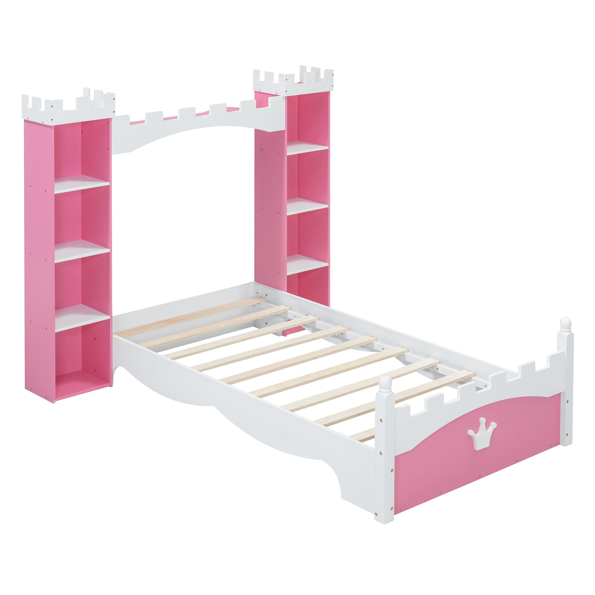Harper & Bright Designs Twin Size Wooden Platform Bed with Bookcase Headboard - Castle-Shaped Princess Bed Frame for Kids, No Box Spring Needed, Pink & White | Perfect for Small Bedrooms, Kids' Rooms & Space-Saving Storage Solutions