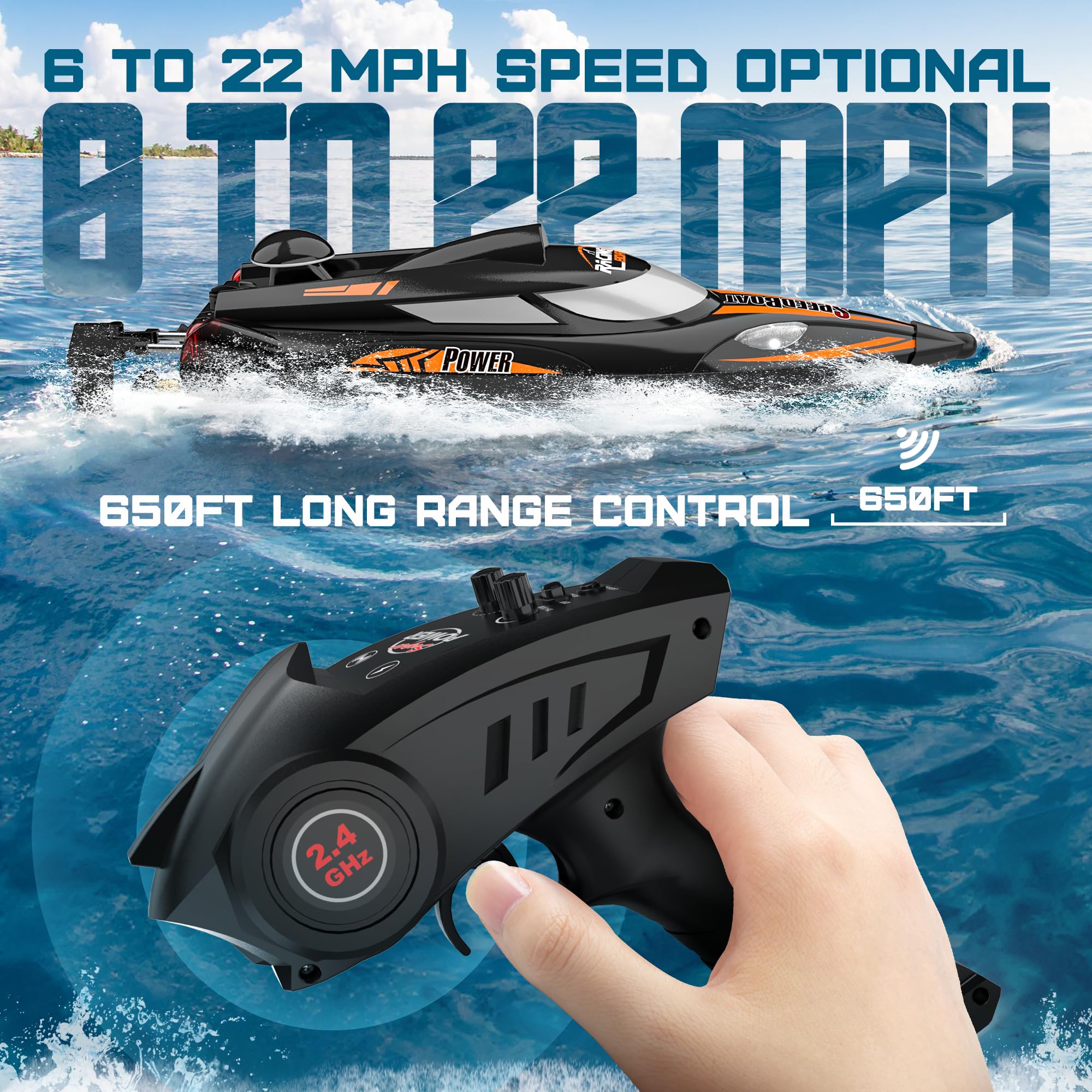 BEZGAR 18 Inch Large Remote Control Boat for Adults & Kids - 35KMH High Speed RC Boat for Lakes & Oceans - 1500mAh Rechargeable Battery - Durable TX125 Black RC Boat - Perfect Gift for Boys & Outdoor Water Play