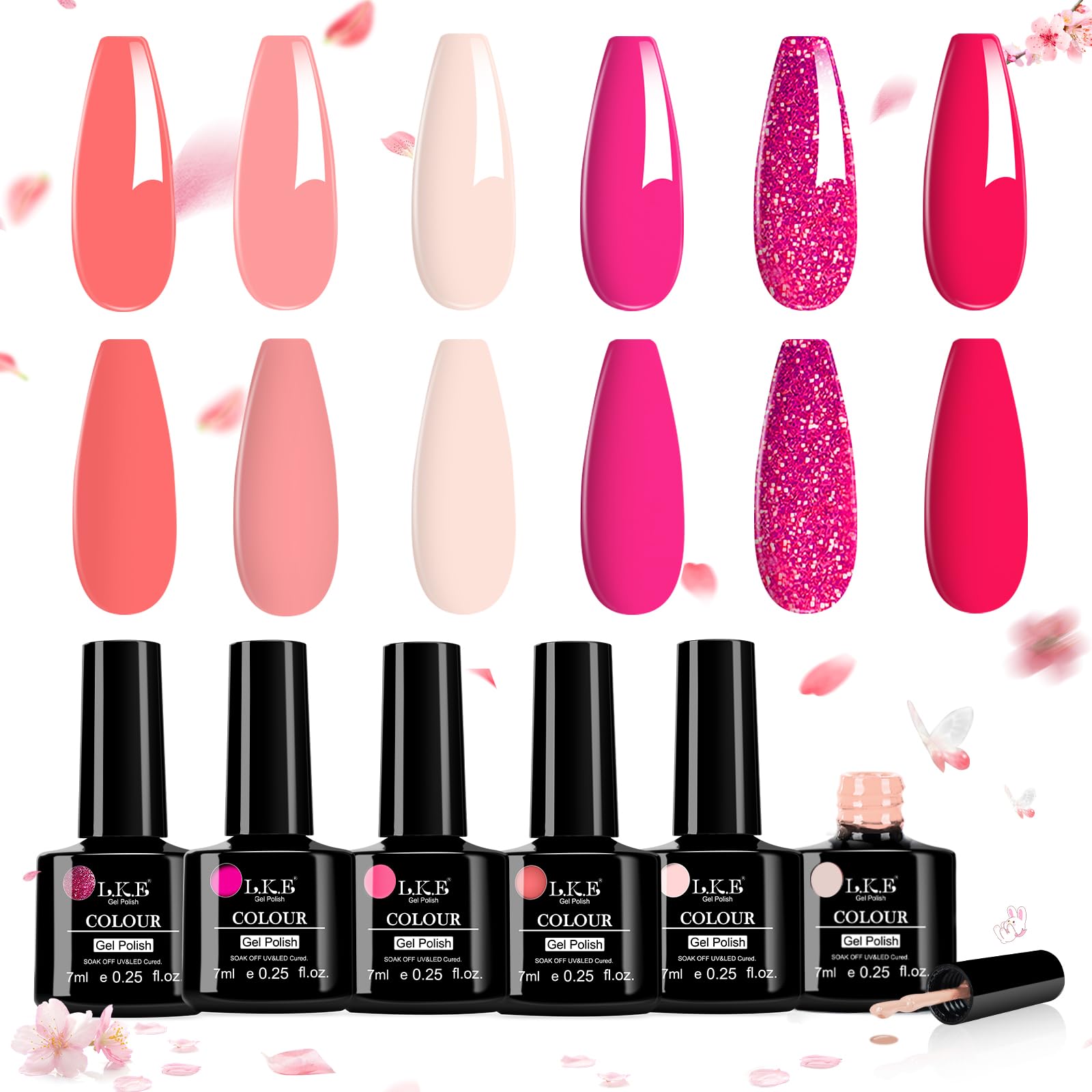 LKE Gel Nail Polish Set - 6 Spring Pastel Colors (Hot Pink, Milky White) | Soak Off UV/LED Gel Polish Kit for DIY & Salon | All Seasons Nail Art Design | Perfect for Home Manicures, Bridal Parties & Gift Giving
