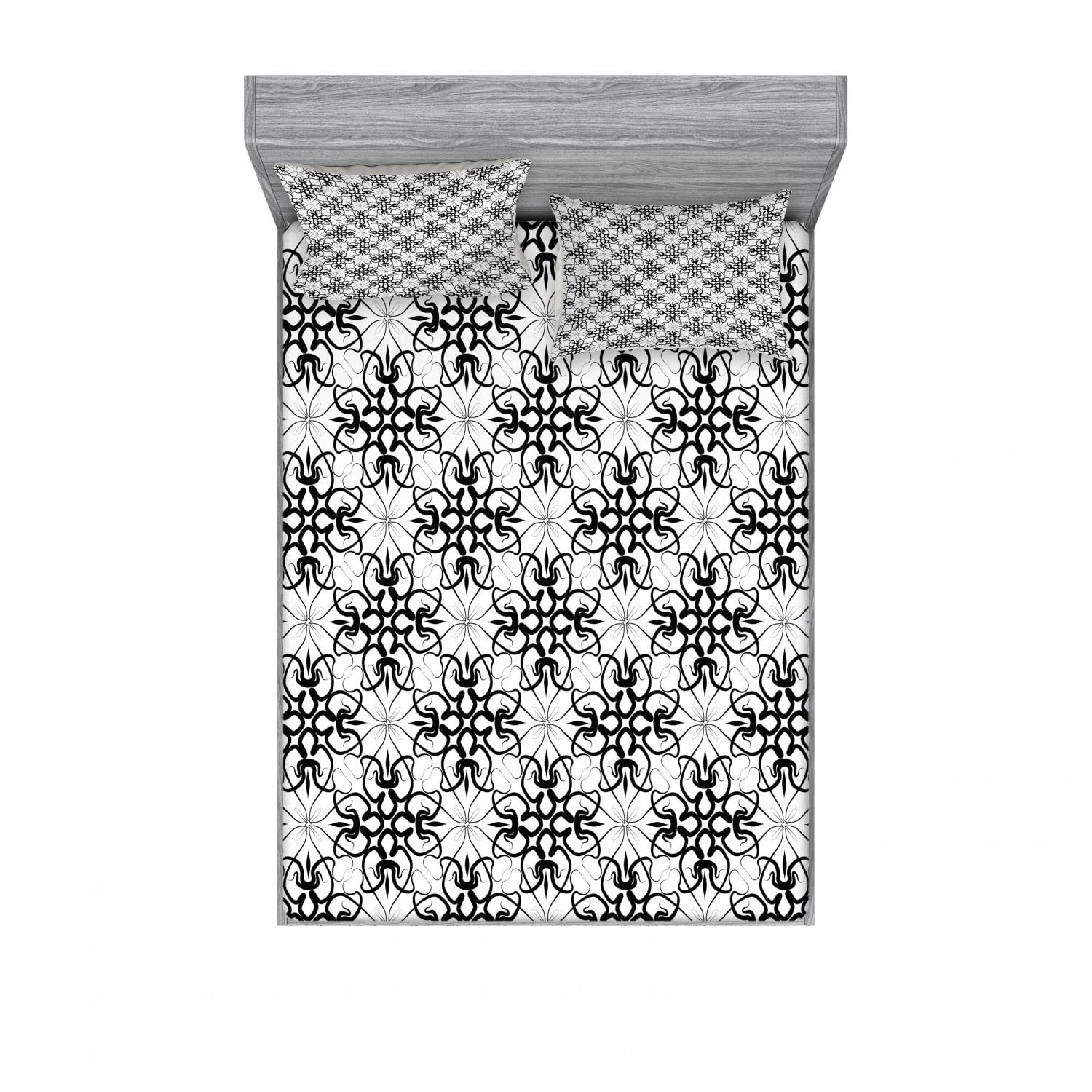 Ambesonne Floral 2-Piece Queen Size Fitted Sheet Set with 4 Pillow Shams - Victorian Lace Flower Pattern in Black & Pale Grey - Soft Bedding Decor for Master Bedroom, Guest Room & Vacation Homes