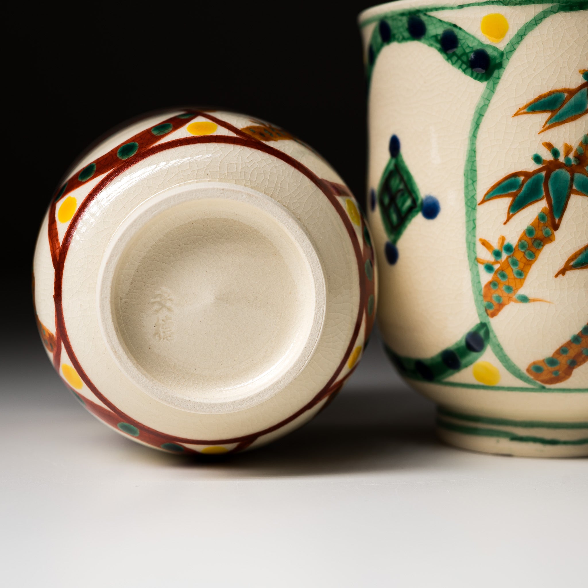 Handmade Kyoto Kiyomizu Ware Pair Cup - Shochikubai Japanese Ceramic Tea Set for Matcha, Sake, or Traditional Tea Ceremony