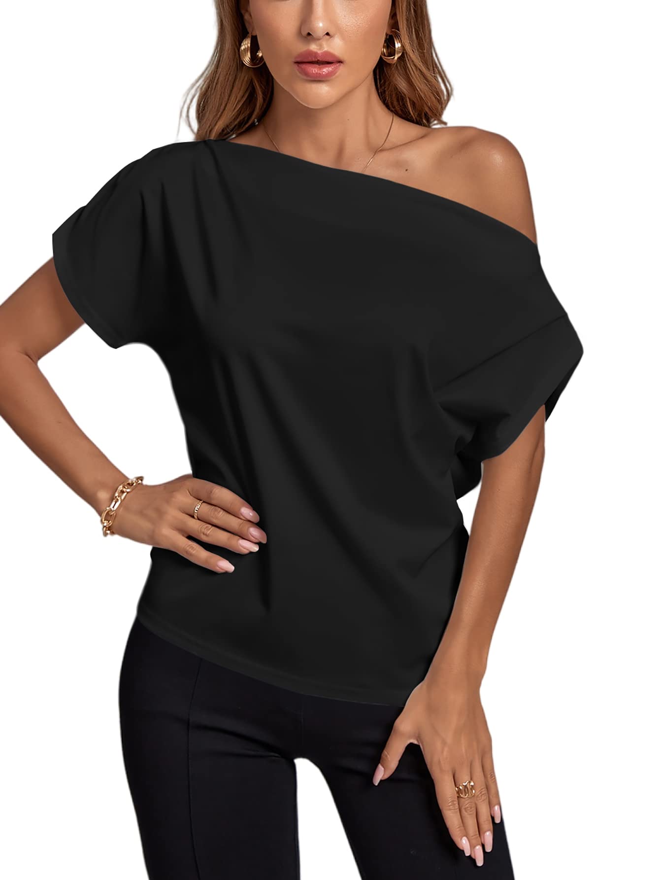 Rooscier Women's One Shoulder Ruched Short Sleeve Tops - Casual Loose Blouse for Summer, Beach, Party & Date Night Outfits
