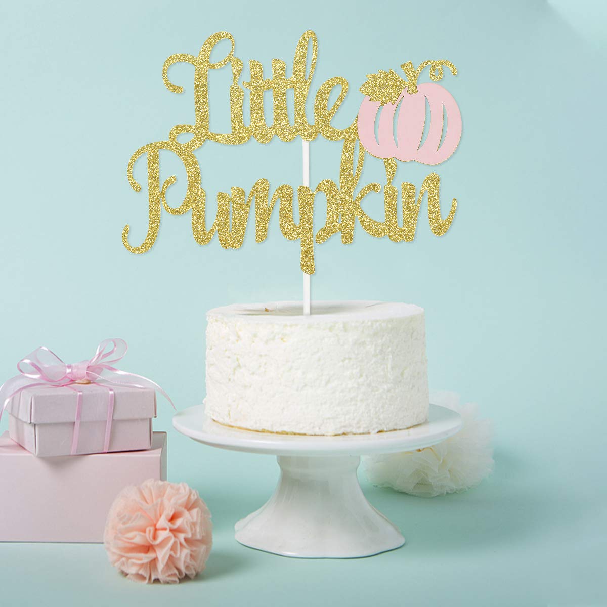 Gold & Pink Little Pumpkin Cake Topper - Baby Shower & 1st Birthday Decorations - Fall Themed Party Supplies for Girls - Perfect for Autumn Celebrations, Birthday Cakes, and Baby Showers