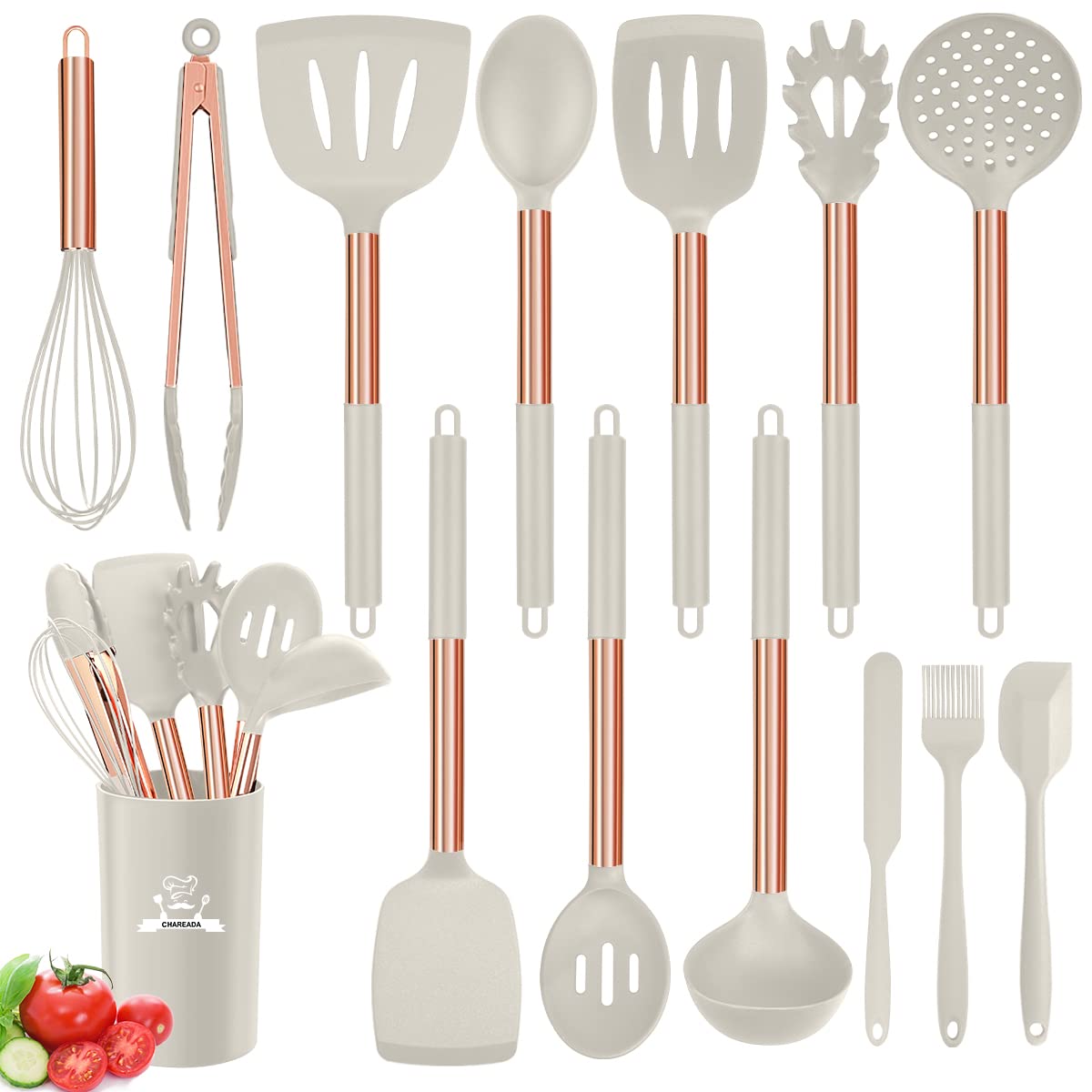 14-Piece Silicone Cooking Utensil Set - Non-Stick, Heat Resistant Kitchen Tools with Copper Stainless Steel Handles (Turner, Tongs, Spatula, Spoon) - BPA Free & Non-Toxic - Perfect for Baking, Frying & Everyday Cooking