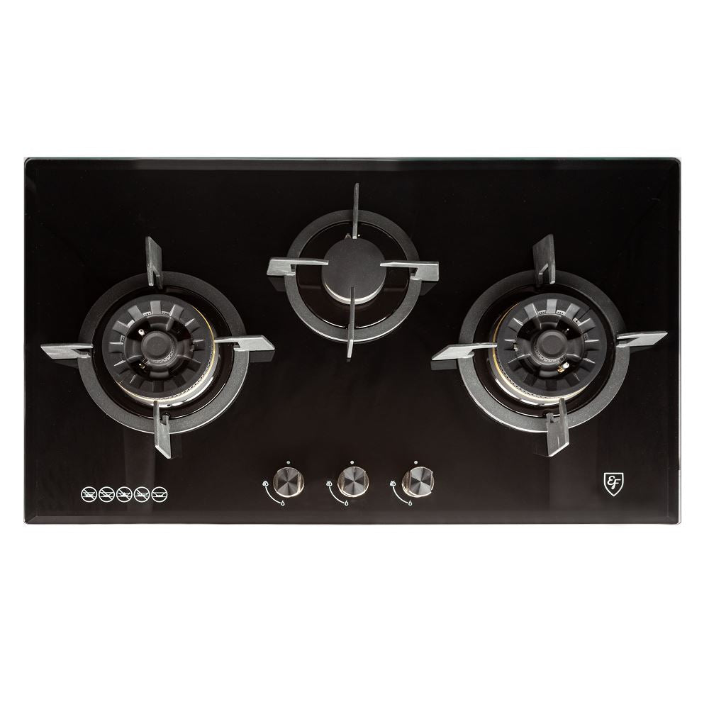 EF EFH 9733 WT VGB 3-Burner Black Tempered Glass Gas Hob - Premium Gas Stove for Modern Kitchens, Cooking & Entertaining