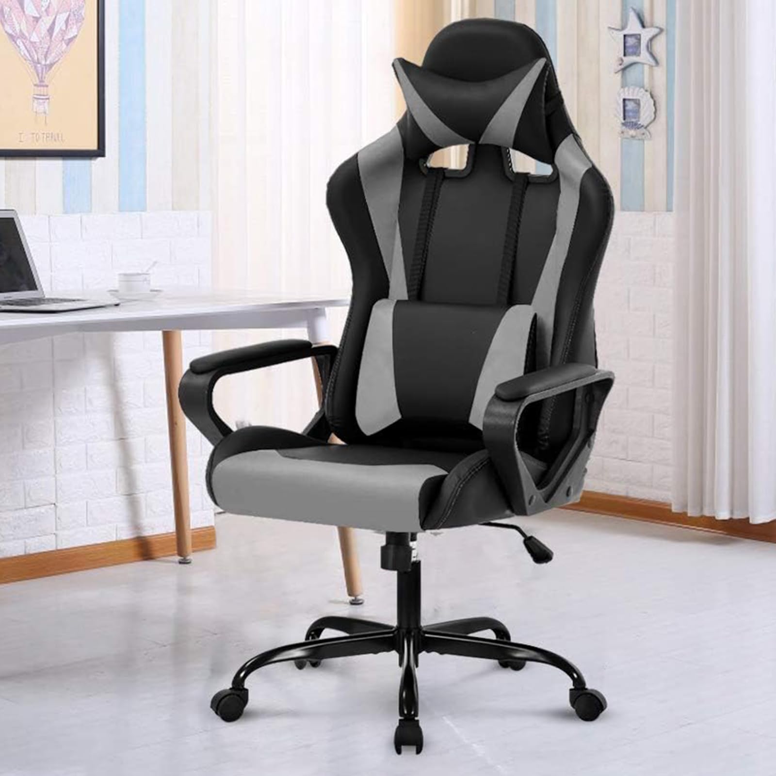 Ergonomic Gaming Chair with Headrest & Lumbar Support - Adjustable Height PU Leather Computer Desk Chair for Office, Racing & Video Games - 360° Swivel Executive Chair (Grey) - Perfect for Home Office, Gaming Setup & Esports Tournaments