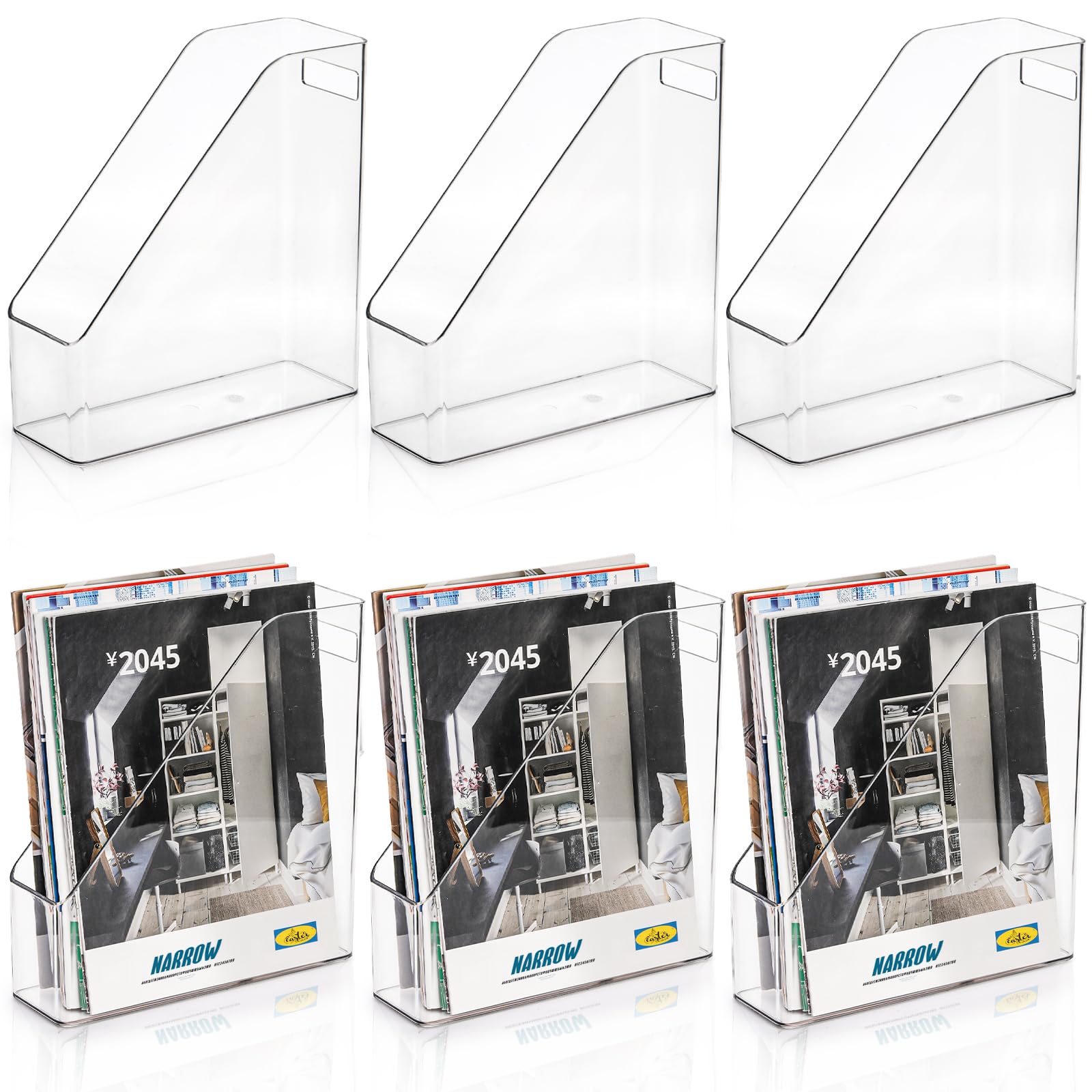6 Pack Clear Magazine Holders with Handles - Vertical File Organizer for Documents, Magazines & Folders - Perfect for Desk, Office, Home & School Organization - Great for Bookshelves, Workstations & Study Areas