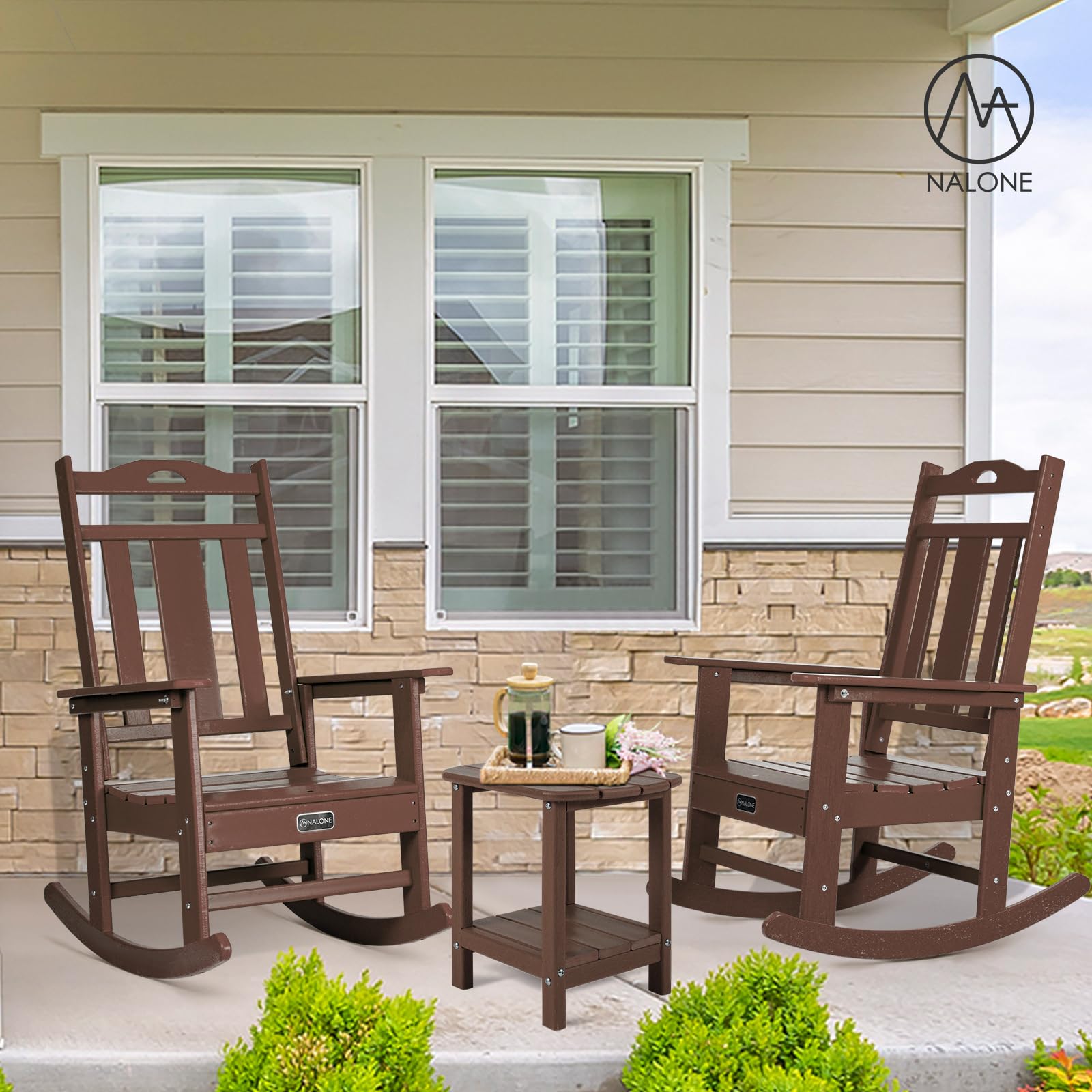 nalone Oversized All-Weather Resistant Outdoor Rocking Chair - Comfortable Porch Rocker for Adults, Durable Patio Furniture for Garden, Lawn & Backyard Relaxation (Brown)