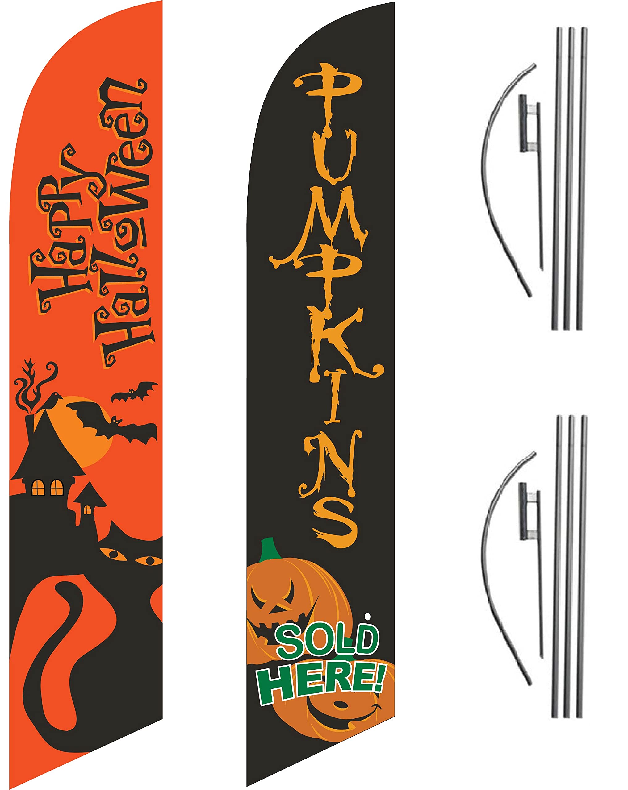 Happy Halloween Orange & Pumpkin Feather Flags - Outdoor Halloween Decorations for Business Advertising - Complete Kit with 2 Flag Poles & Ground Spikes - Perfect for Storefronts, Parties & Festivals