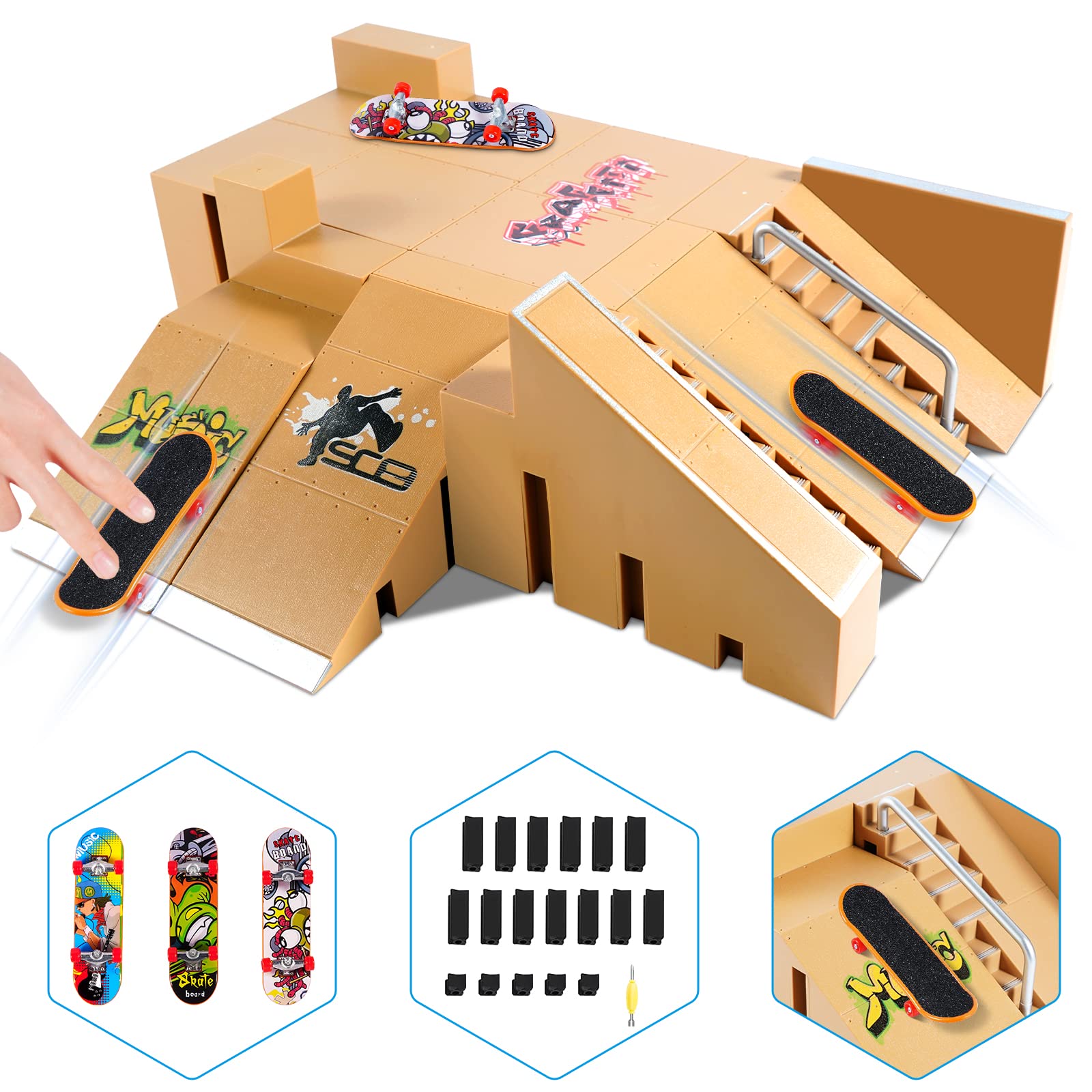 Fingerboard Skate Park Kit - 3 Mini Finger Skateboards & 8 Ramp Set for Kids Ages 5+ | Perfect Gift for Boys & Girls | Portable Fingerboard Training Set for Indoor & Outdoor Play