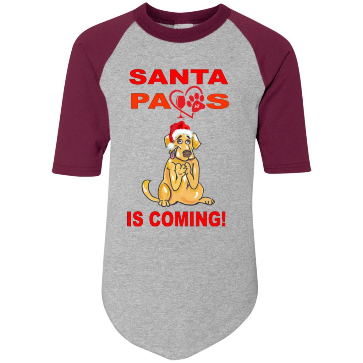 Santa Paws Is Coming - Youth Colorblock Raglan Jersey for Dogs | Christmas Pet Apparel | Holiday Photo Outfits & Festive Dress Up