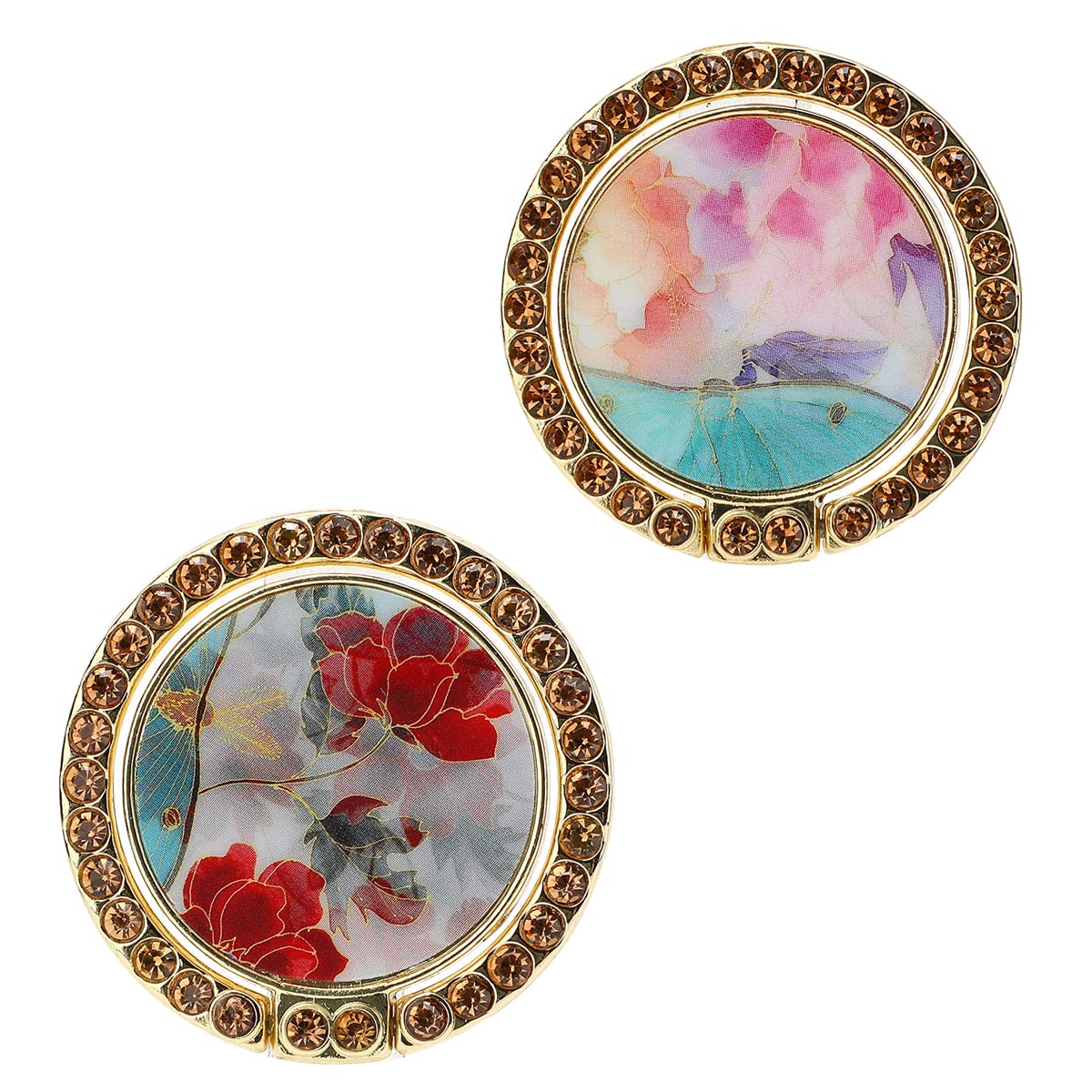 2 Pack Bling Phone Ring Holder - Metal Phone Grip & Kickstand for Magnetic Car Mount - Compatible with iPhone 14 Pro Max/13 Pro/Galaxy S22 Ultra & More - Butterfly Flower Pink & Red - Perfect for Driving, Selfies & Secure Phone Handling