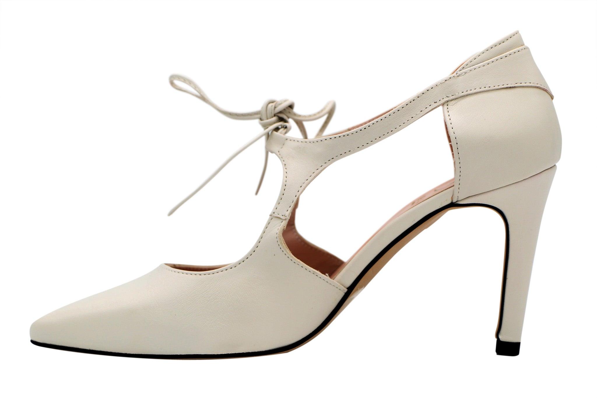 MARIAN Women's Off-White Genuine Leather Pointed Toe Pumps with Ankle Tie - Elegant Dress Shoes for Work, Party & Special Occasions