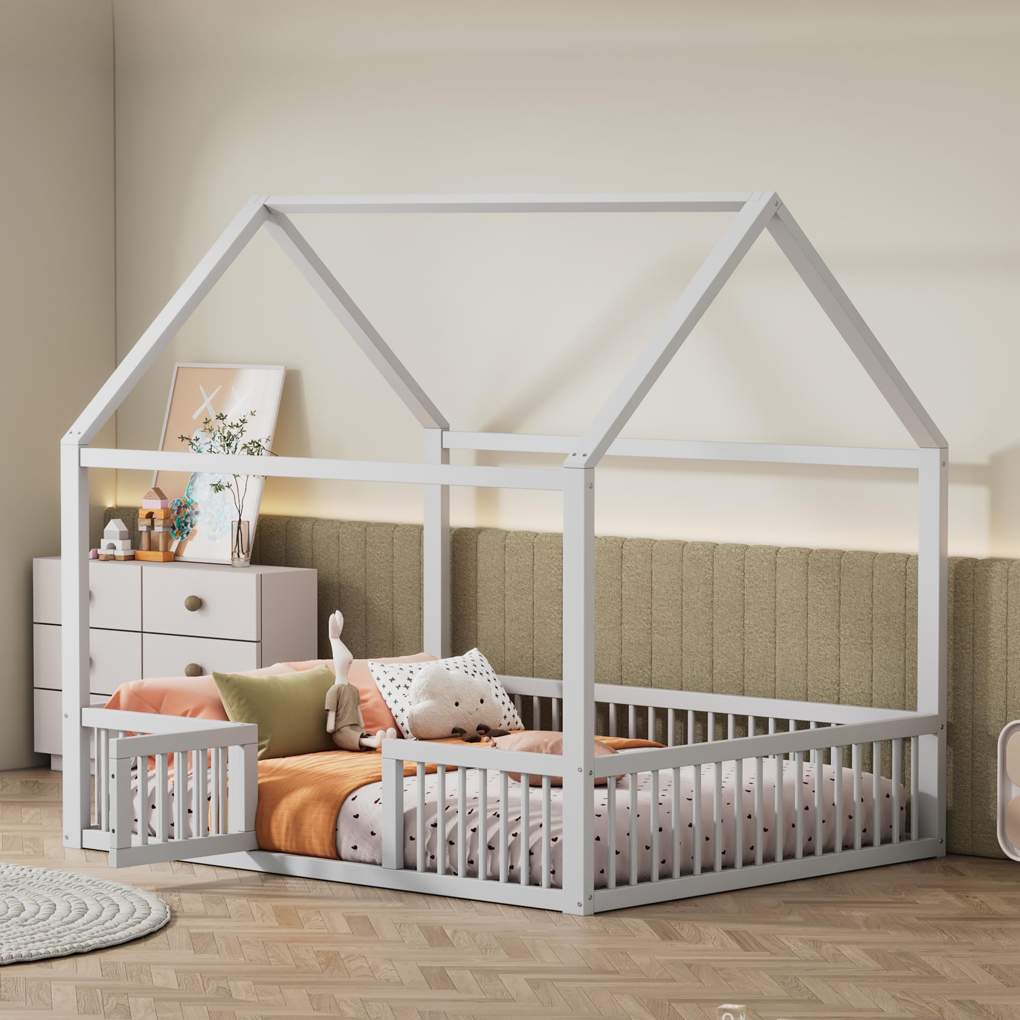 **Sapgaks Kids Cabin Bed 140x200cm with Slatted Base & Steps - White Bunk Bed with Wardrobe & Safety Barrier - Space-Saving Loft Bed for Small Rooms & Shared Kids Bedrooms**