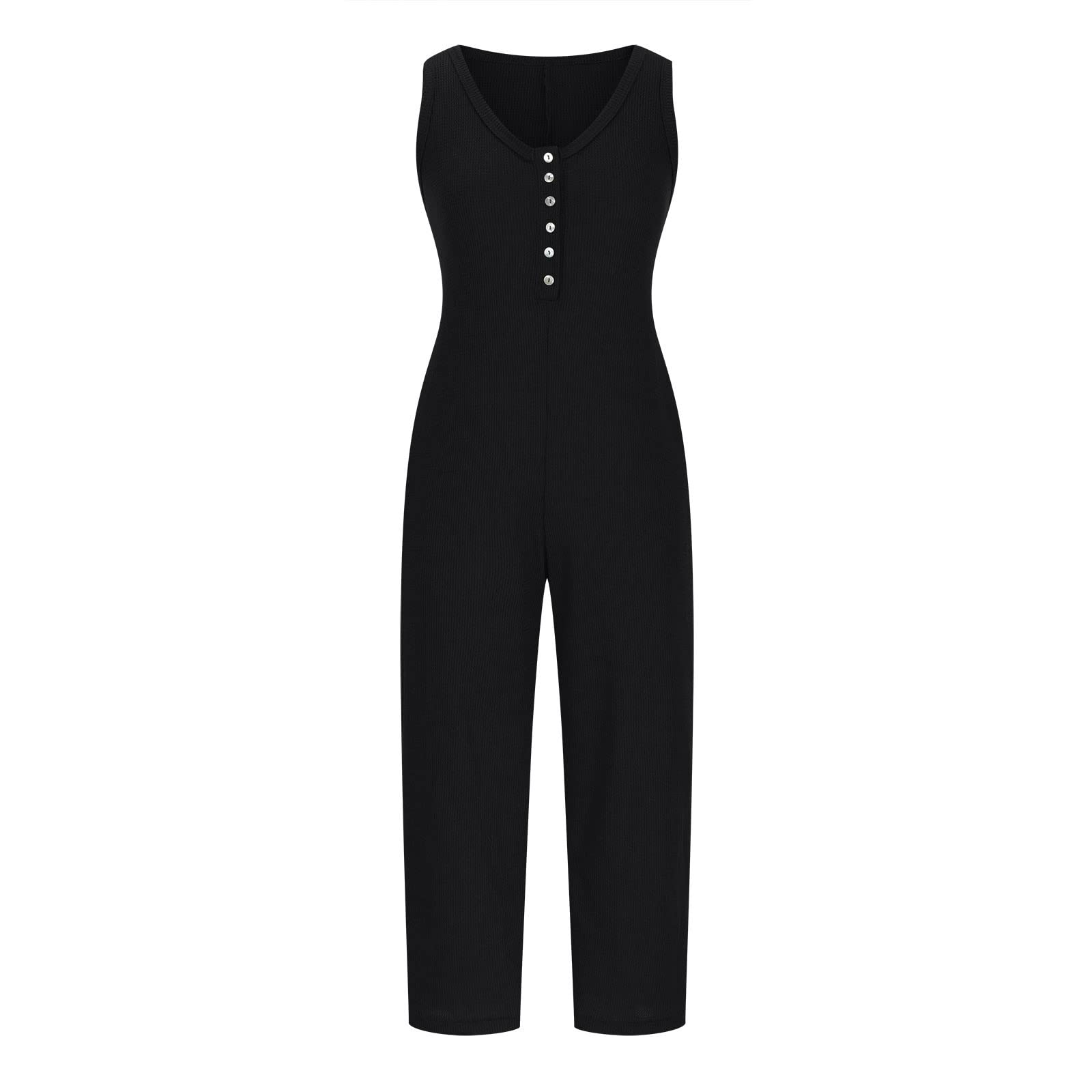 Women's Sleeveless Waffle Knit Jumpsuit Overalls - Summer Button Front Romper with Straight Leg Long Pants | Casual One-Piece Outfit for Beach, Picnic & Outdoor Activities