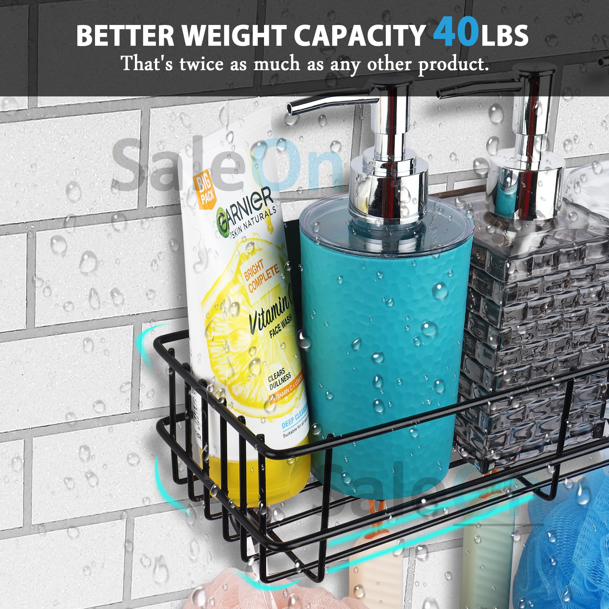 SaleOn Bathroom Shelf Organizer - 2 Pack Metal Wall Mounted Shampoo Rack with 4 Hooks & Adhesive Strips | Space Saving Bathroom Storage for Shower, Kitchen, Laundry Room & Dorm Organization
