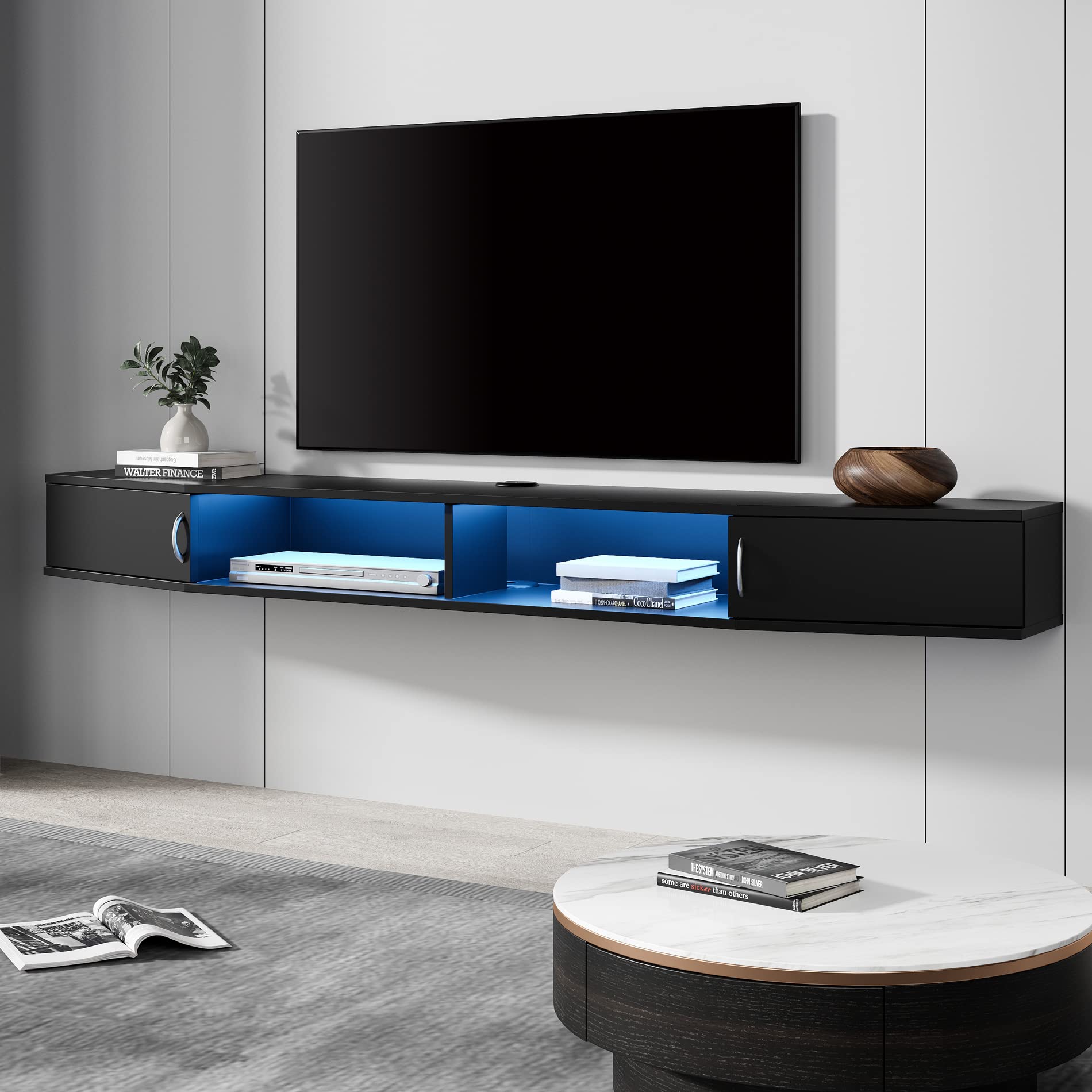 FITUEYES Floating TV Stand Wall Mounted Shelf with LED Blue Lights - Modern Wood Media Console Entertainment Center with Storage Cabinet Hutch Desk - Perfect for Living Room, Bedroom & Home Office (Black)
