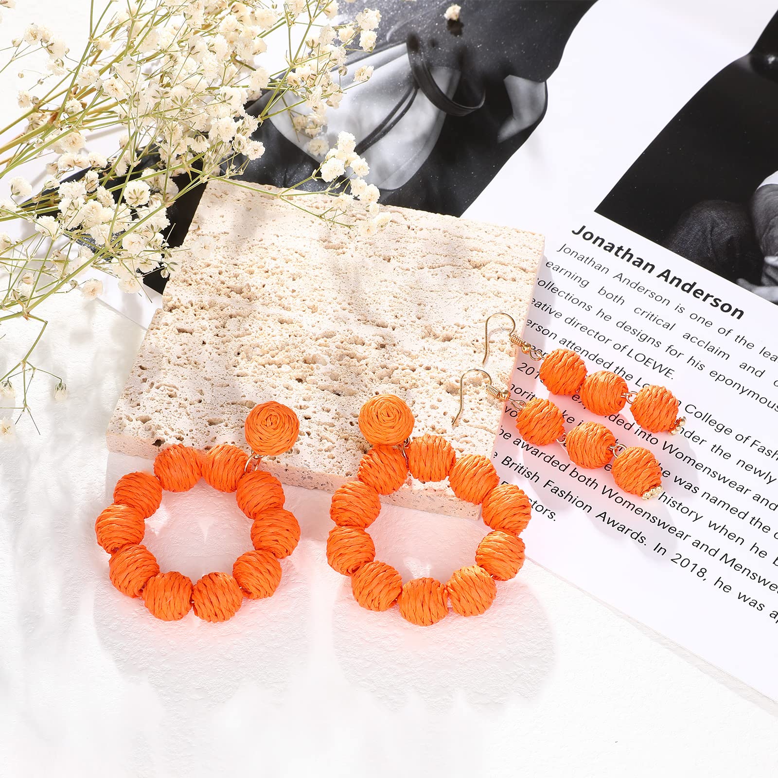 2 Pairs Handmade Boho Rattan Earrings for Women - Raffia Woven Drop Dangle Earrings, Natural Straw Wicker Braid Bohemian Jewelry | Perfect for Summer Festivals, Beach Vacations & Boho Chic Outfits