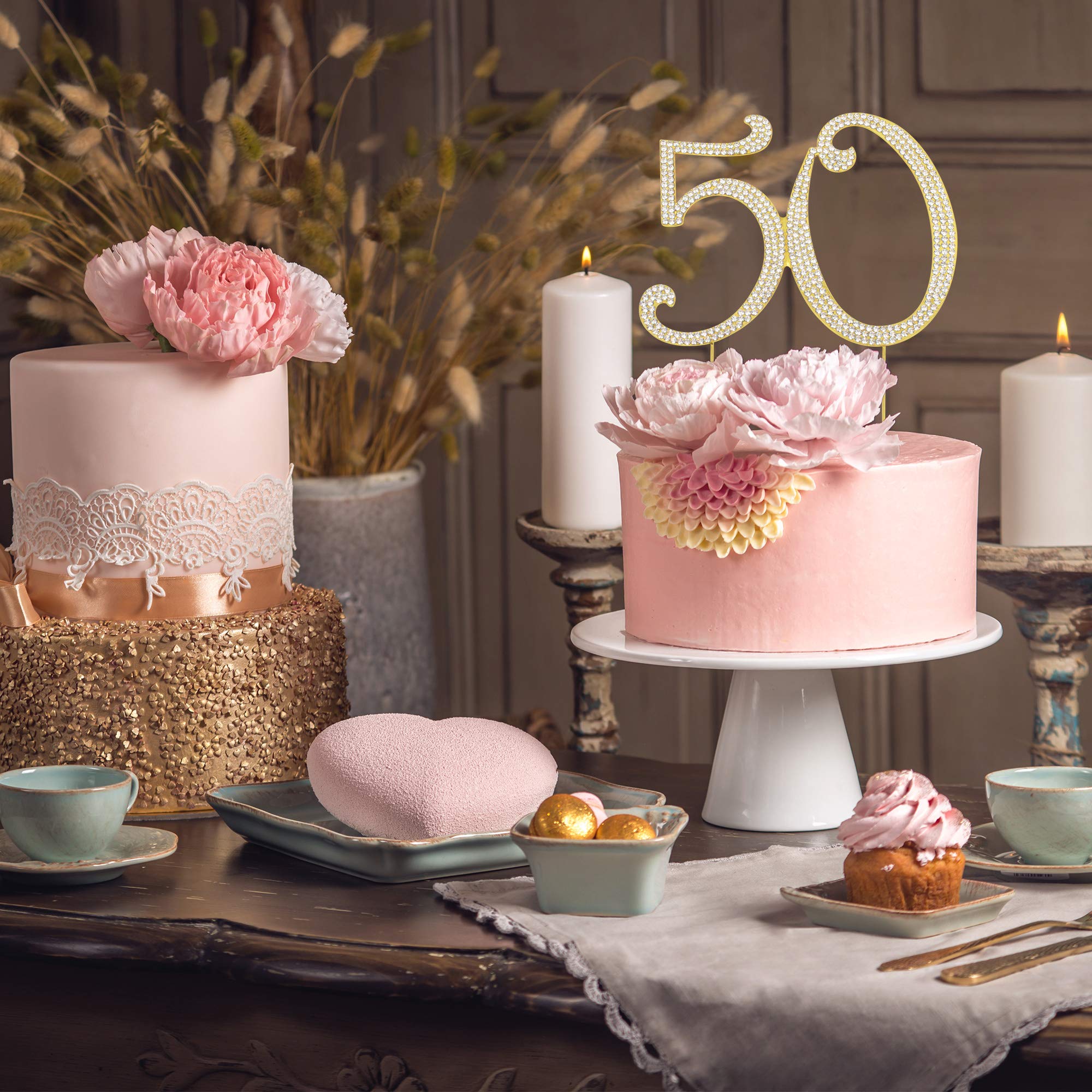 50th Birthday Cake Topper - Premium Gold Metal with Sparkly Rhinestones - Elegant Golden Anniversary Party Decoration & Centerpiece - Comes in Protective Box - Perfect for Milestone Celebrations & Wedding Anniversaries