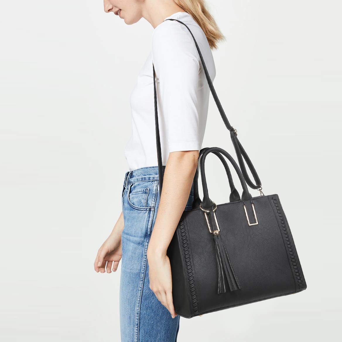 Dasein Women's Vegan Leather Satchel Shoulder Bag & Matching Clutch - Stylish Work Tote for Office, Business, and Everyday Use