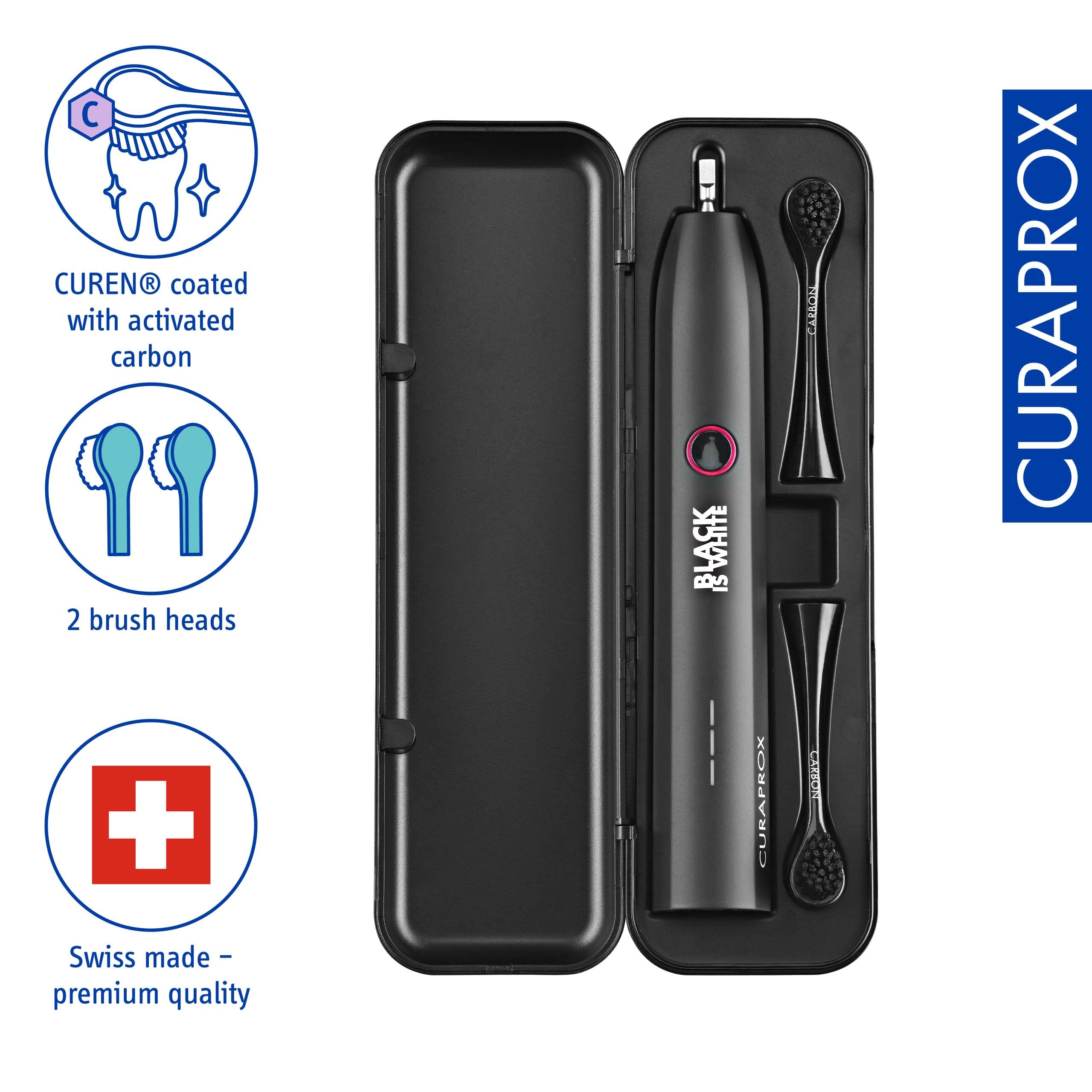 Curaprox Black is White Hydrosonic Electric Toothbrush with 2 Brush Heads, USB Charger & Travel Case - Professional Teeth Cleaning for Home & Travel Use