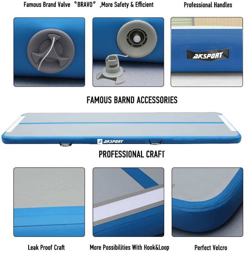 AKSPORT Inflatable Gymnastics Air Mat - Tumble Track & Tumbling Floor Mat with Air Pump for Home, Gym, Training | Perfect for Cheerleading, Parkour, Beach, Park & Water Activities | Portable Exercise Mat for Indoor & Outdoor Sports
