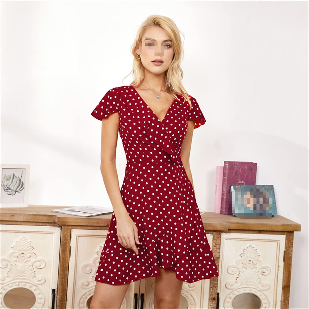 Women's V-Neck Short Sleeve Flowy Ruffle Mini Dress - Casual Polka Dot Beach Wrap Dress in Black | Perfect for Summer Vacations, Pool Parties & Date Nights