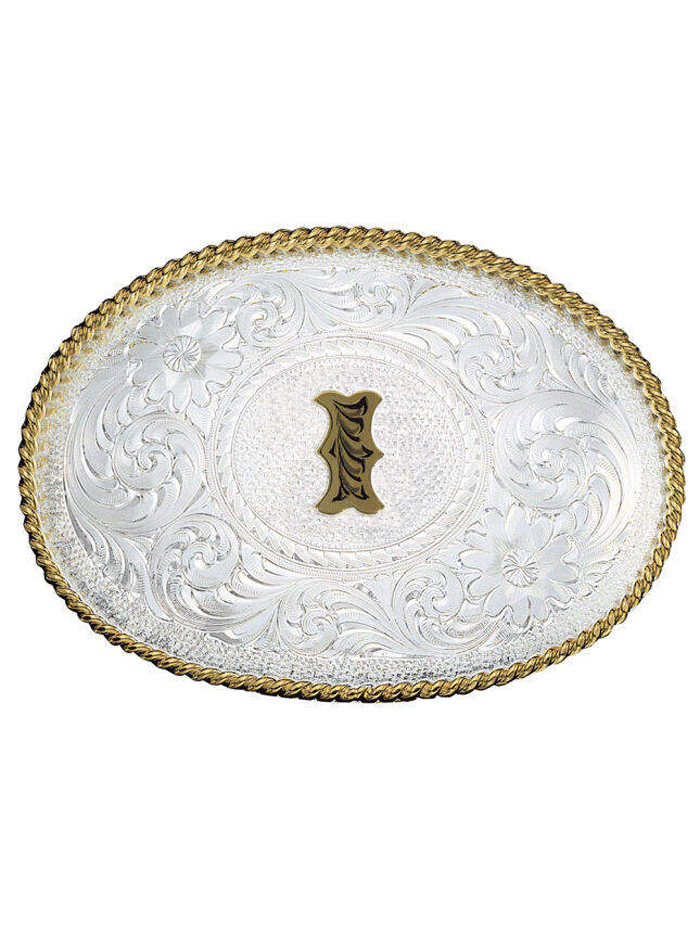 Montana Silversmiths 700 Initial Silver Engraved Gold Trim Western Belt Buckle for Men & Women - Perfect for Cowboy Boots, Jeans & Western Outfits