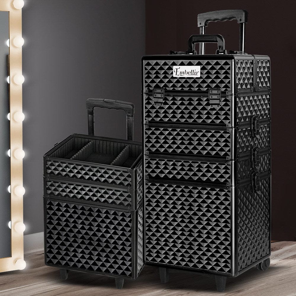 Embellir Professional Makeup Case - Beauty Trolley with Wheels, Cosmetic Organizer Box for Travel & Salon Use | Diamond Design for Makeup Artists & Stylists