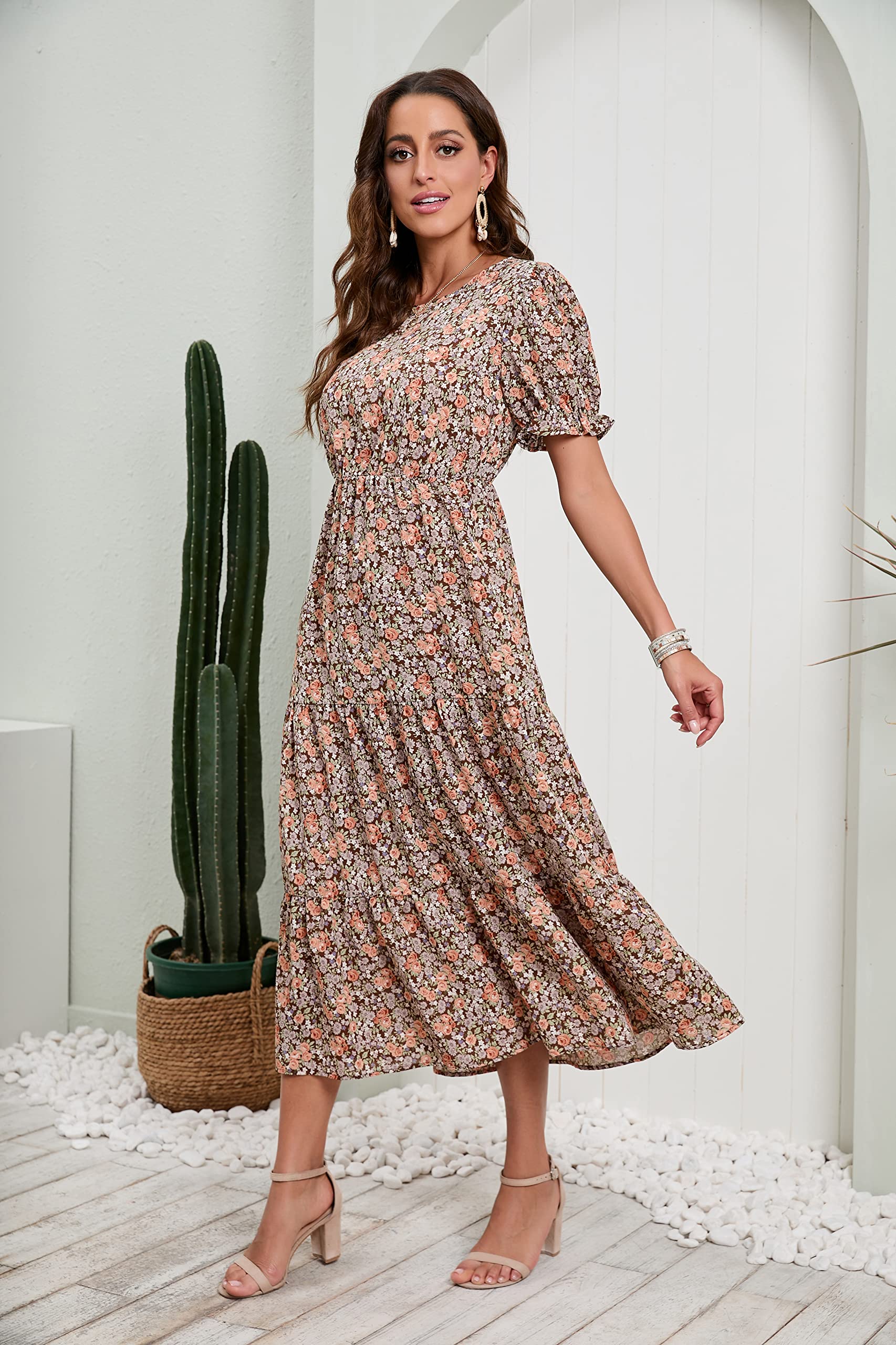GRECERELLE Women's 2025 Spring Summer Casual Loose Boho Dress with Ruffle Puff Sleeves & High Waist | Flowy Midi Dress for Beach, Vacation & Everyday Wear