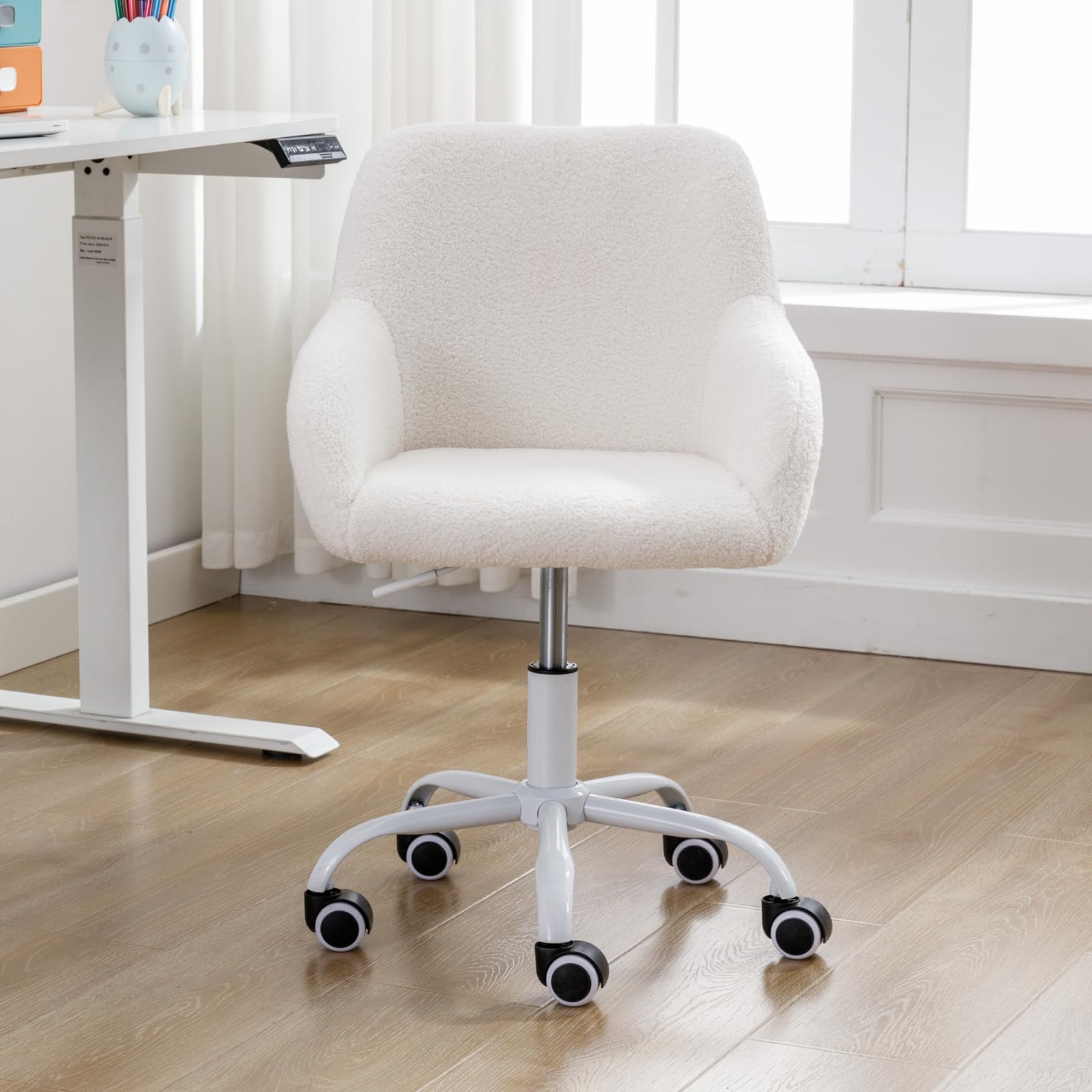 LukeAlon Adjustable Kids Desk Chair - Ergonomic Swivel Study Chair with Sherpa Upholstery & Arms for Children, Girls & Boys - Perfect for Reading, Homework & Computer Use - White