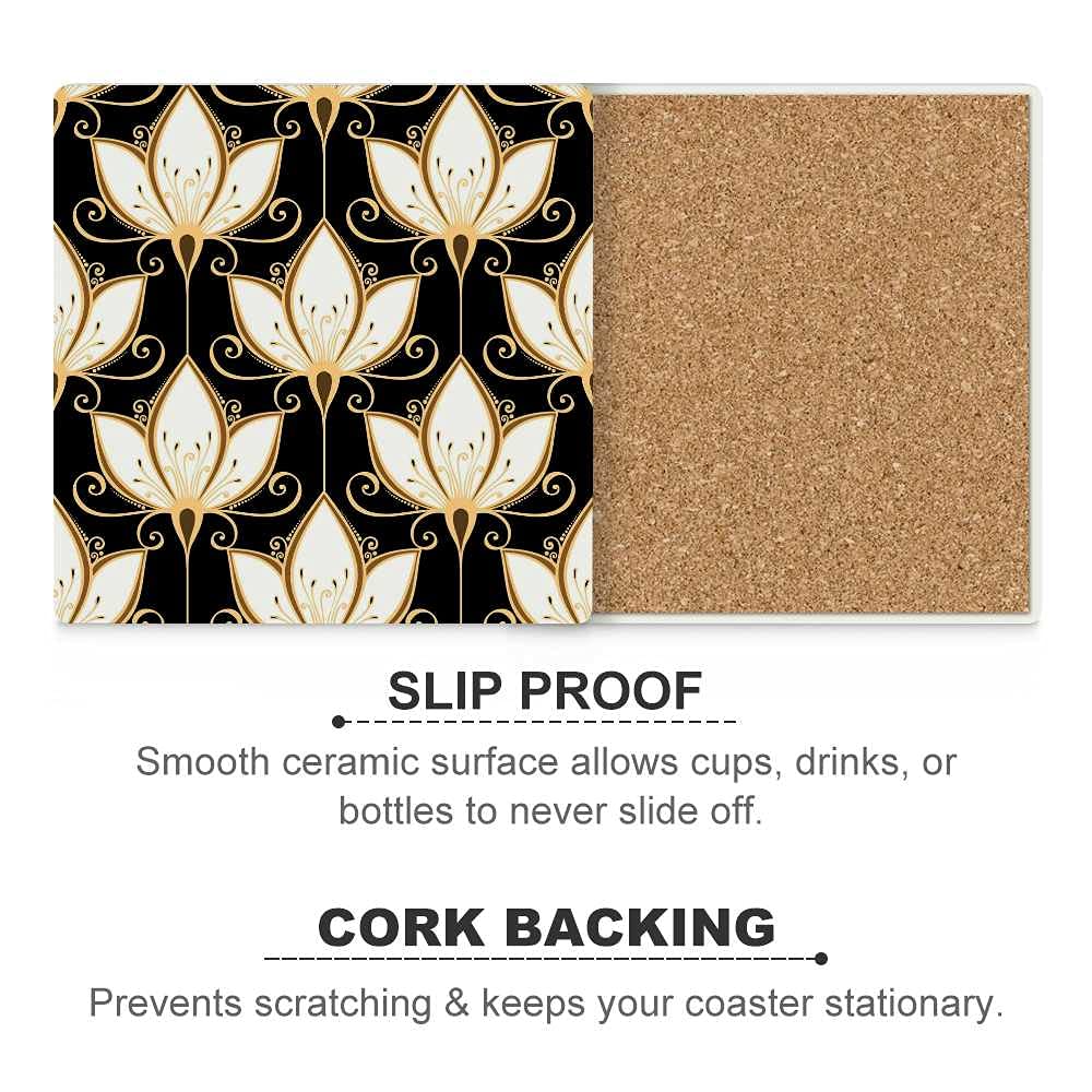 Square Ceramic Coasters Set of 4 - Non-Slip Cork Backing, Scratch-Resistant Drink Coasters for Coffee, Wine & Beverages - Elegant Floral Design Home Decor for Coffee Tables, Office Desk & Housewarming Gifts