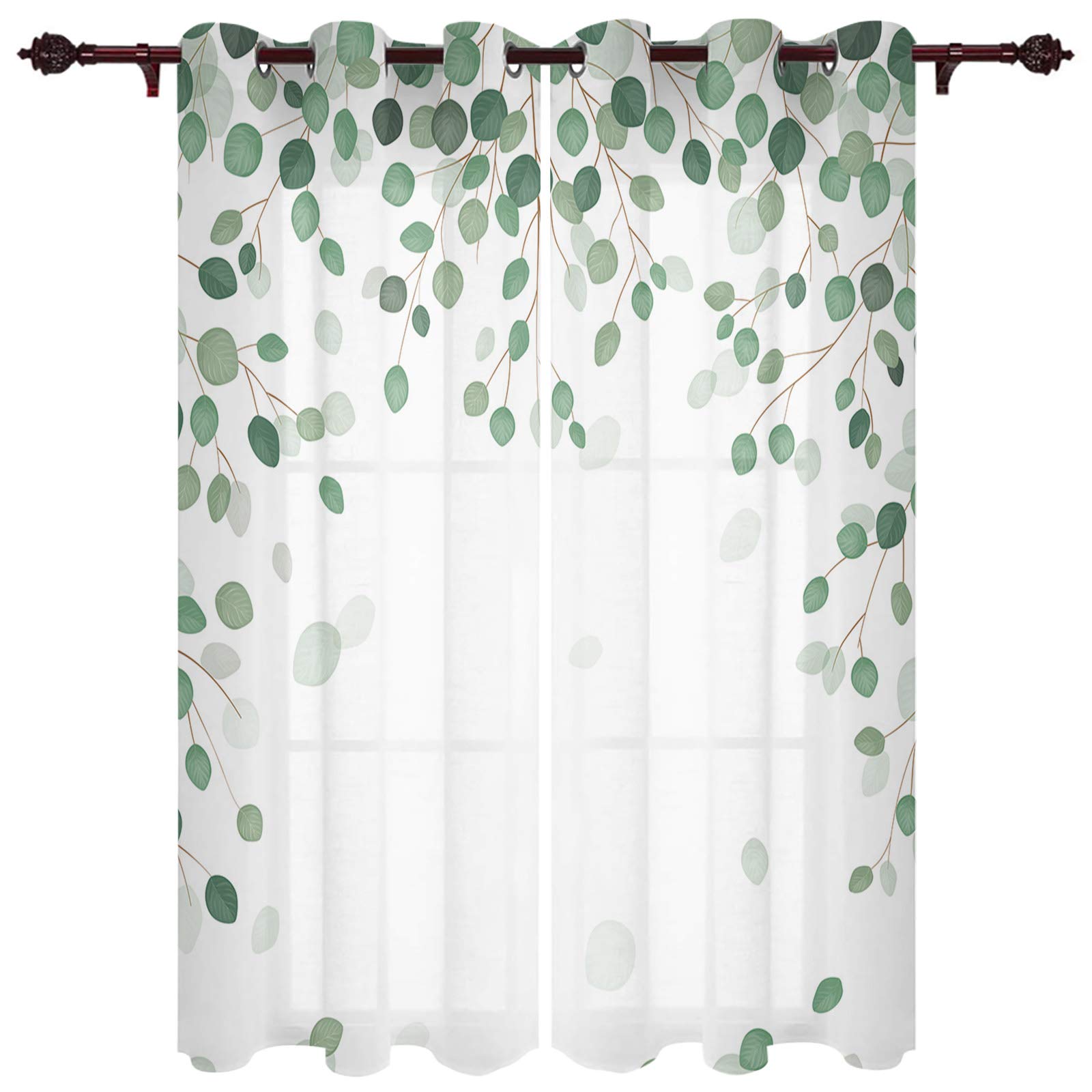 Eucalyptus Leaf Sheer Curtains - 2 Panel Set with Grommet Top, 39 Inch Length for Kitchen, Living Room, Bedroom, Patio & Sliding Glass Doors | Natural Window Treatment for Light Filtering & Privacy