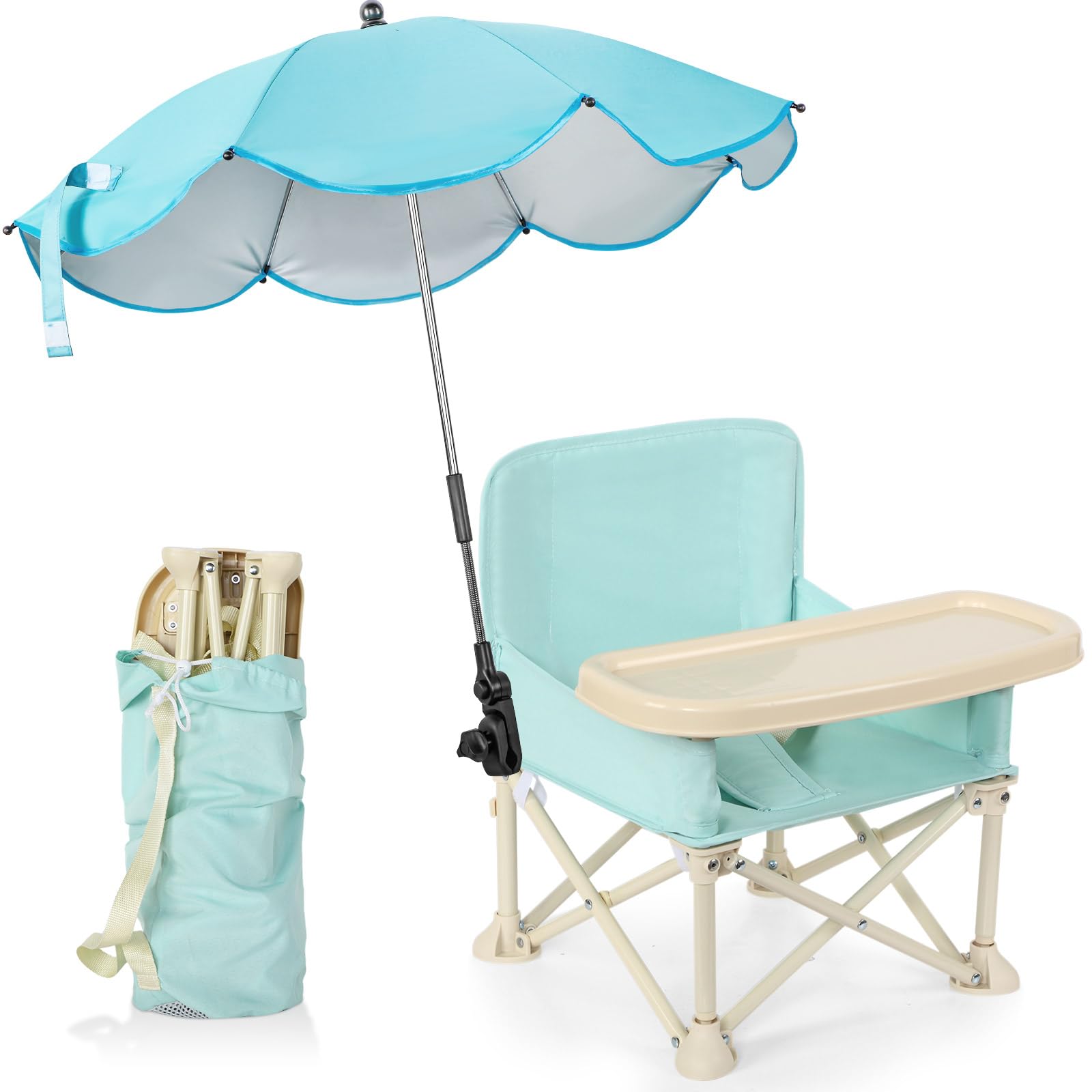 Suzile Portable Baby Beach Chair with Umbrella - Foldable Travel Booster Seat with Tray & Storage Bag - Lightweight Outdoor High Chair for Dining, Camping, Picnics & Beach Trips