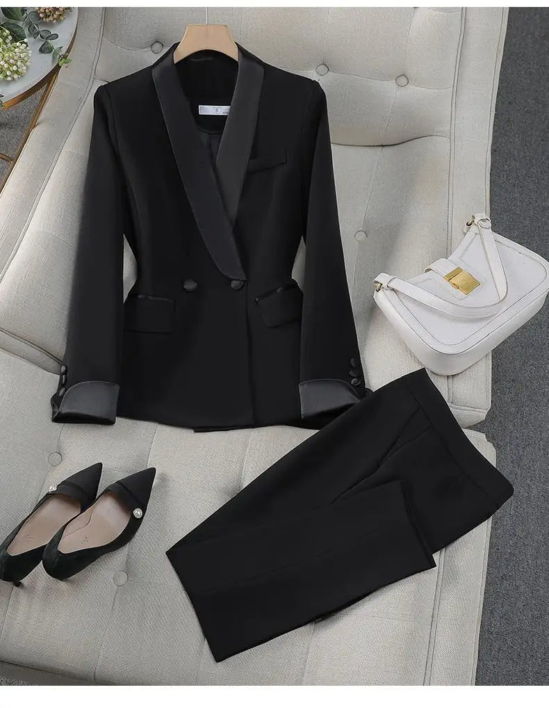 Elegant Women's Autumn Work Blazer Suit Set - Black & Red Patchwork Double Breasted Coat with High Waist Pants for Office Ladies | Professional Outfit for Business Meetings & Formal Occasions