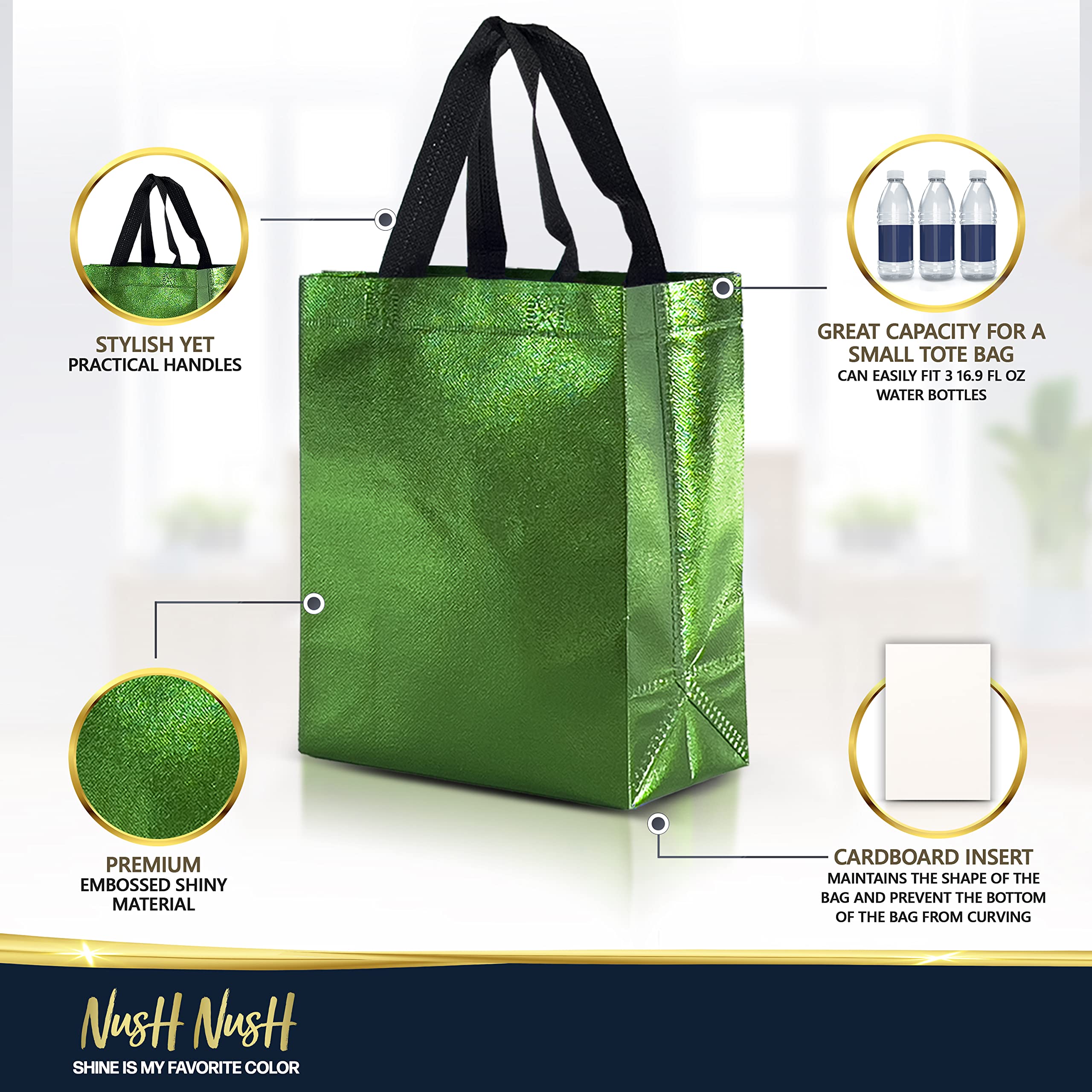 Nush Nush 12-Pack Medium Green Reusable Gift Bags with Handles - 8