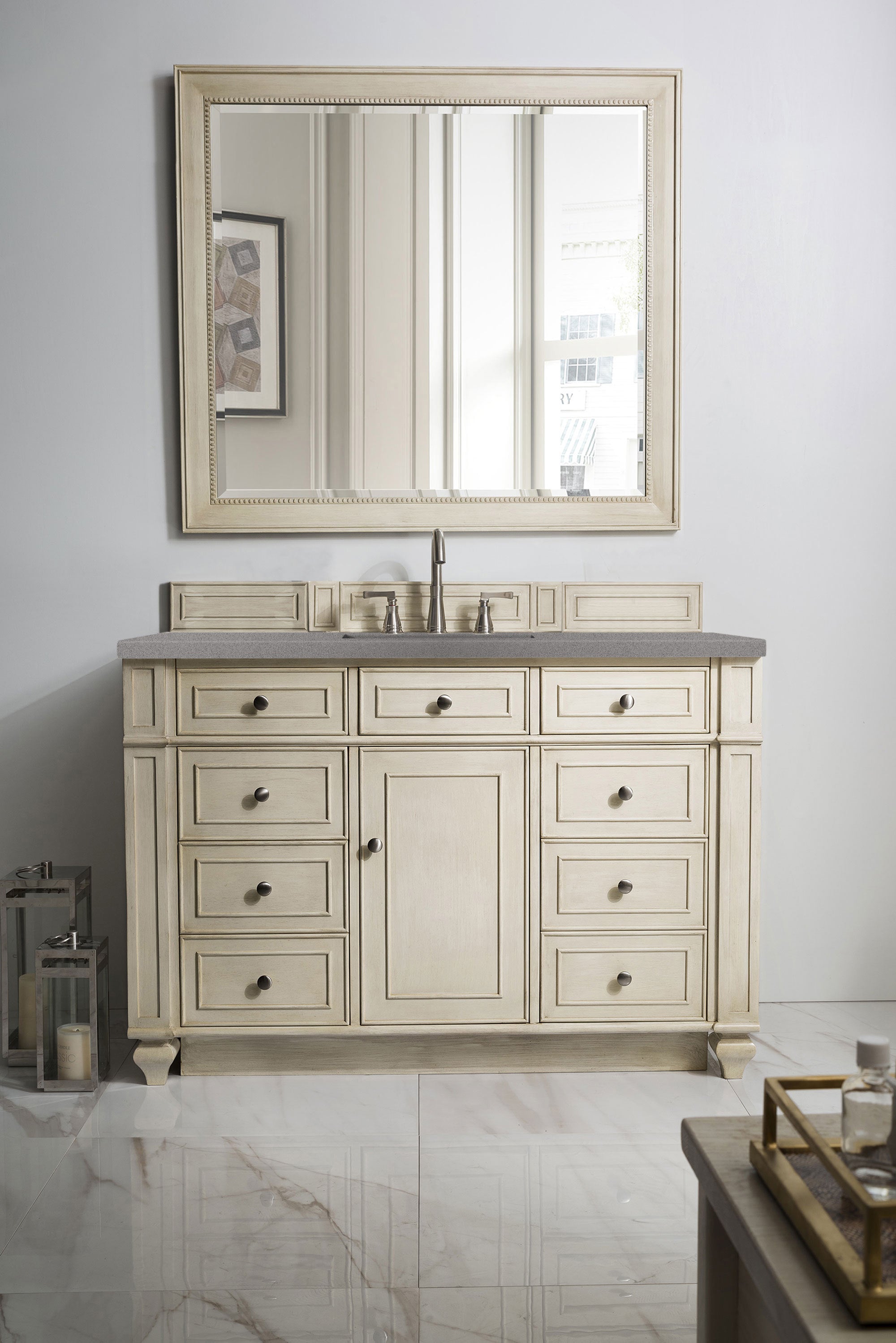 Bristol 48 Inch Single Bathroom Vanity Set with 3CM Grey Expo Quartz Countertop in Vintage Vanilla - Perfect for Modern Farmhouse & Coastal Bathroom Designs