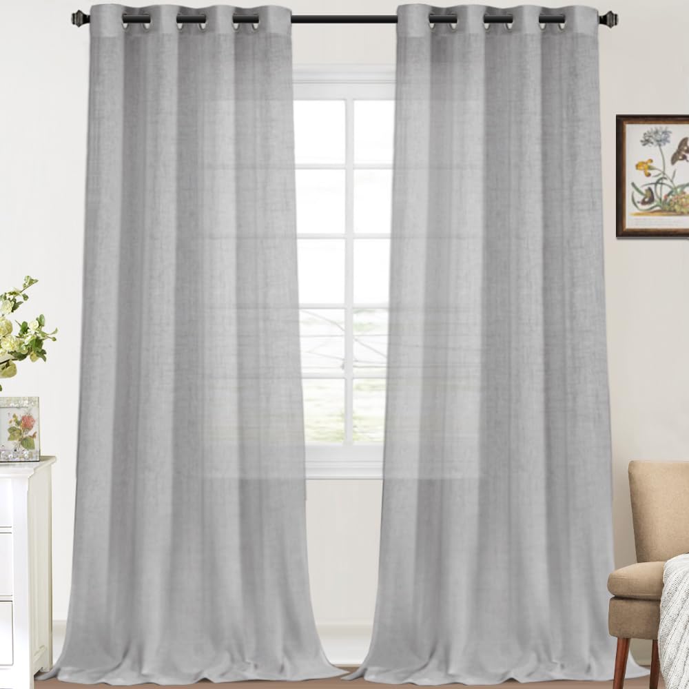FantasDecor 96 Inch Linen Sheer Curtains - Light Filtering Privacy Drapes with Grommet Top, Set of 2 Panels for Bedroom, Living Room, Farmhouse, Porch - Soft Dove Gray Window Treatments for Home Decor & Sun Protection